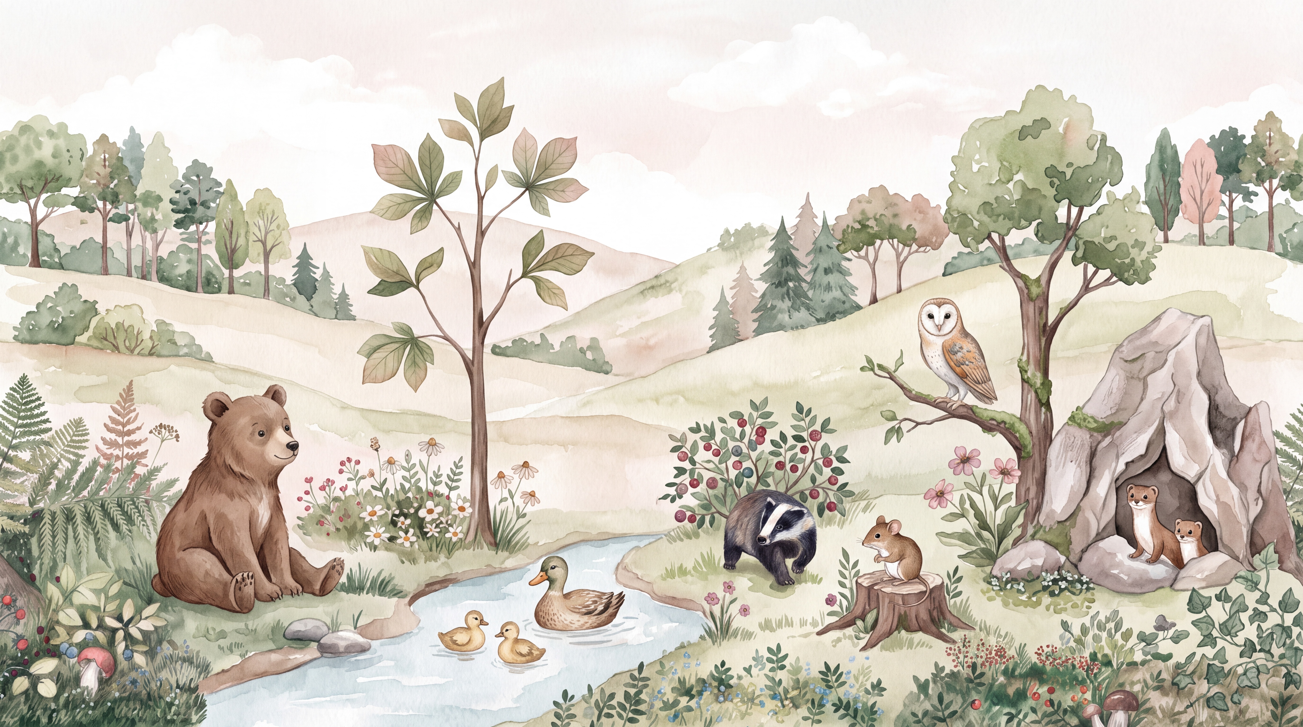 Sage Woodland Scenic Layered Wallpaper Mural Accent-wall-wallpaper-murals, Peel-and-stick Finish