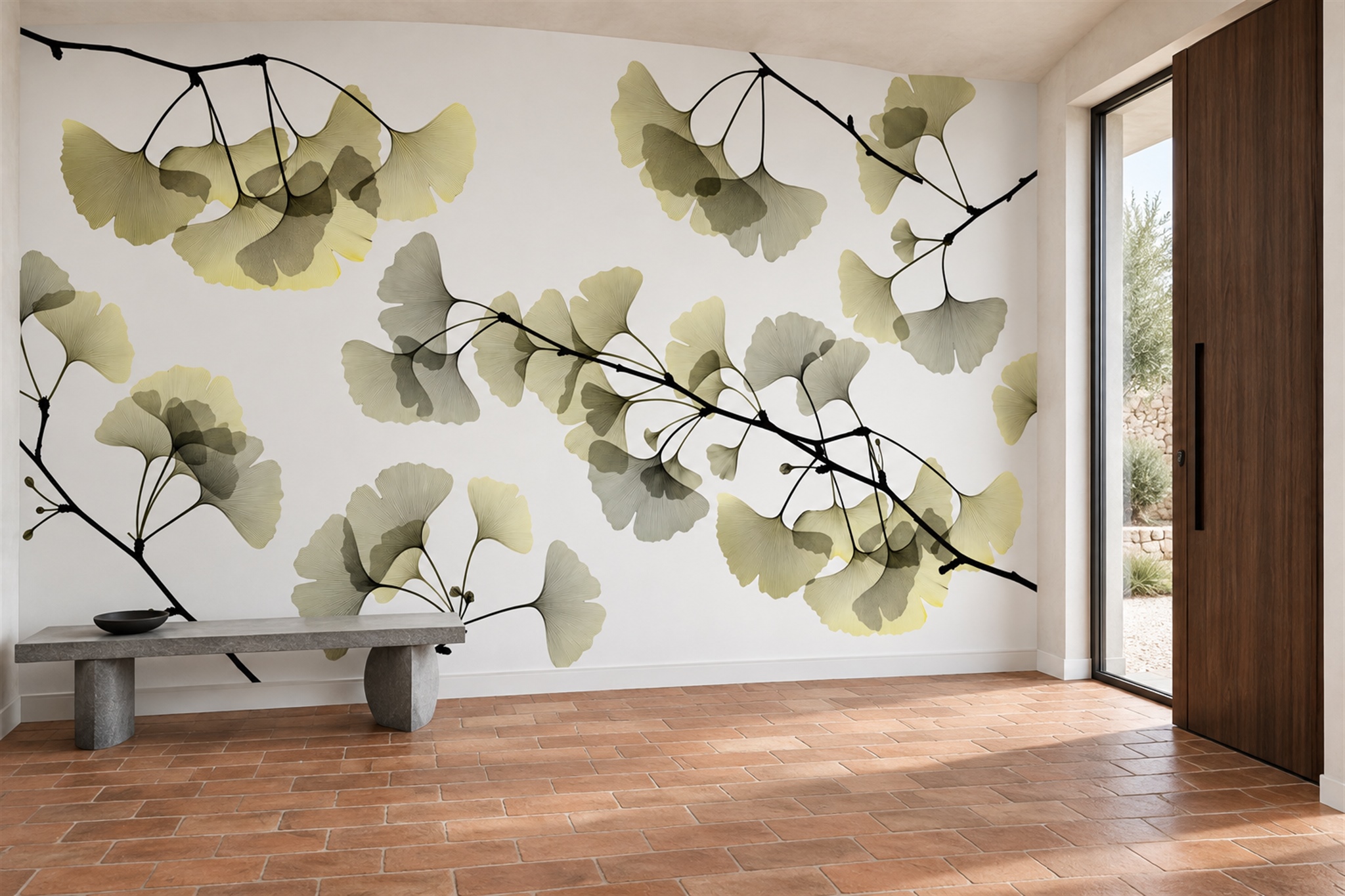 Ginkgo Leaves On Black Branches Wallpaper Mural — Installed Wallpaper Mural In A Entryway, Peel-and-stick Finish