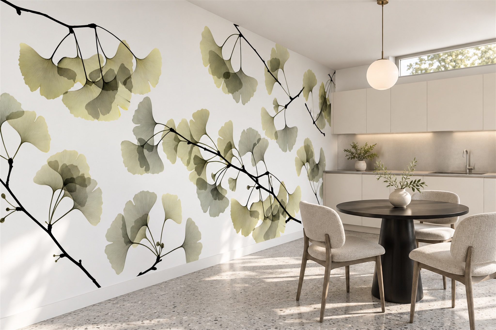 Olive Pattern Decorative Atmospheric Wallpaper Mural Dining-room-wallpaper-murals, Shown In A Dining Room, Peel-and-stick Finish