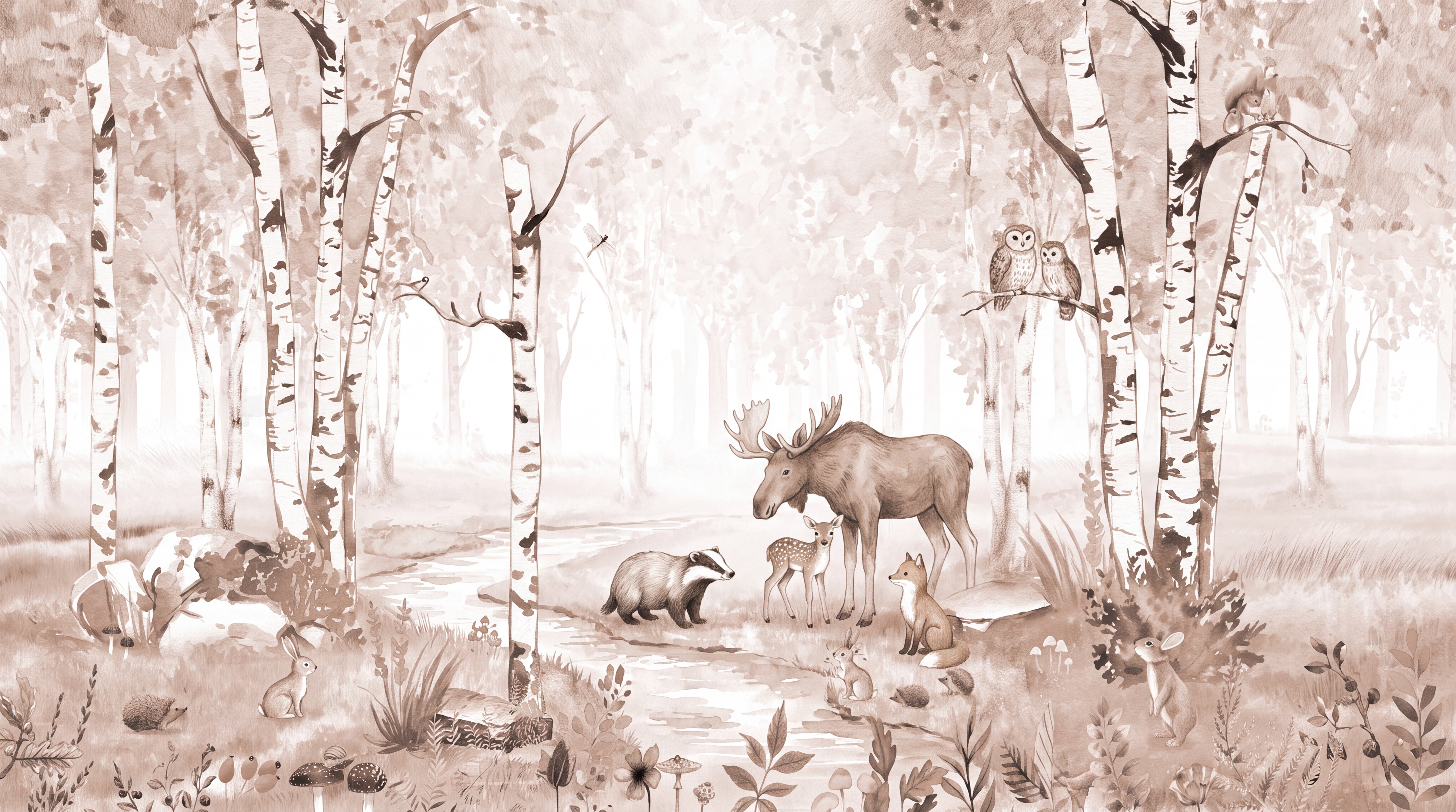 Taupe Woodland Scenic Wallpaper Mural, Peel-and-stick Finish