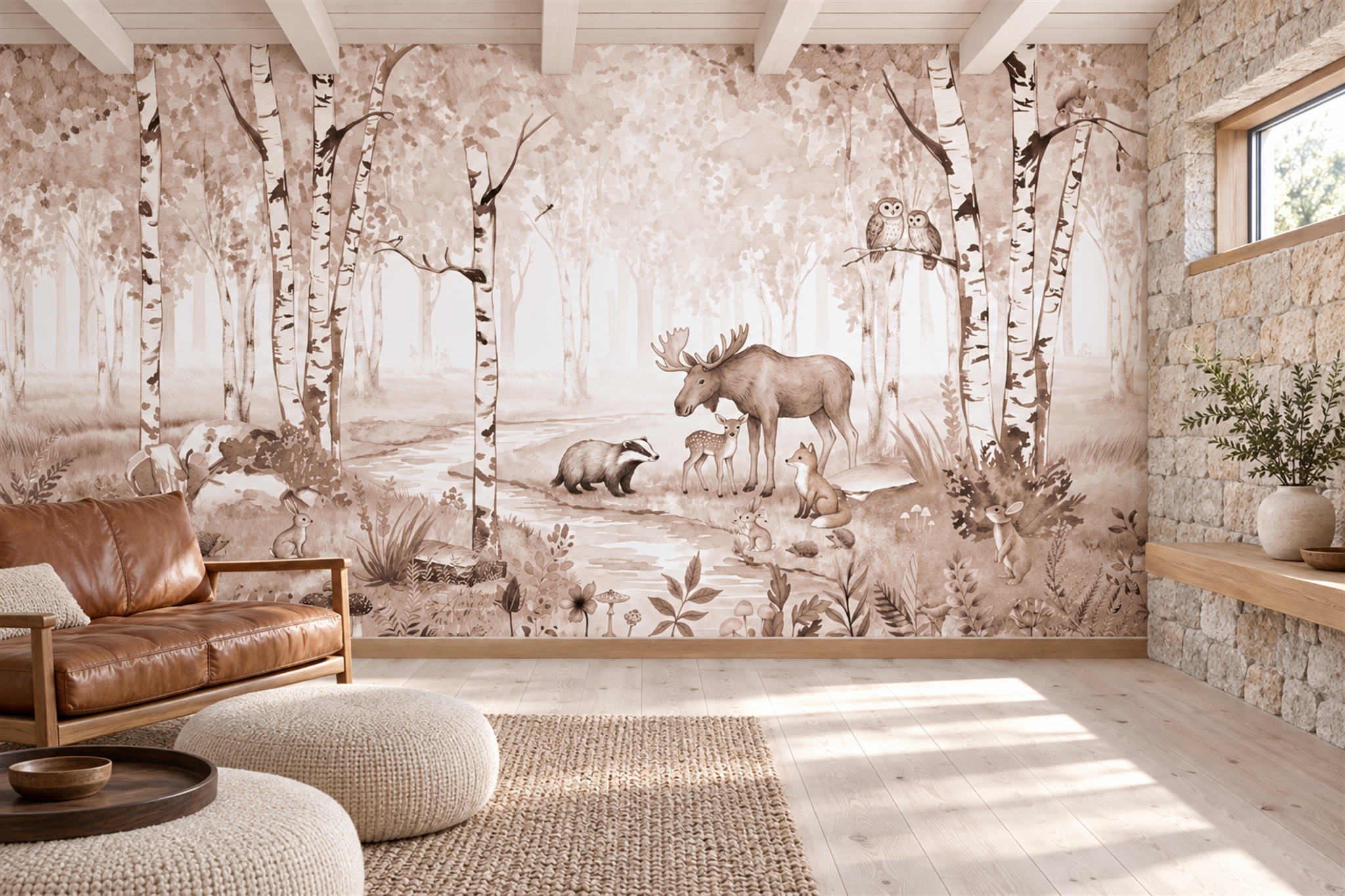 Taupe Woodland Scenic Wallpaper Mural Accent-wall-wallpaper-murals, Peel-and-stick Finish