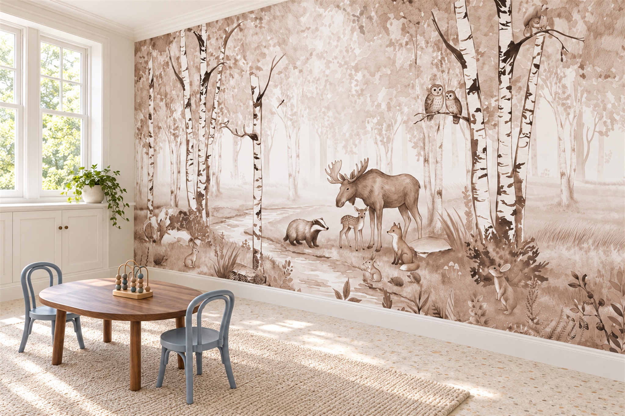 Taupe Woodland Scenic Wallpaper Mural Home-office-wallpaper-murals, Shown In A Home Office, Peel-and-stick Finish