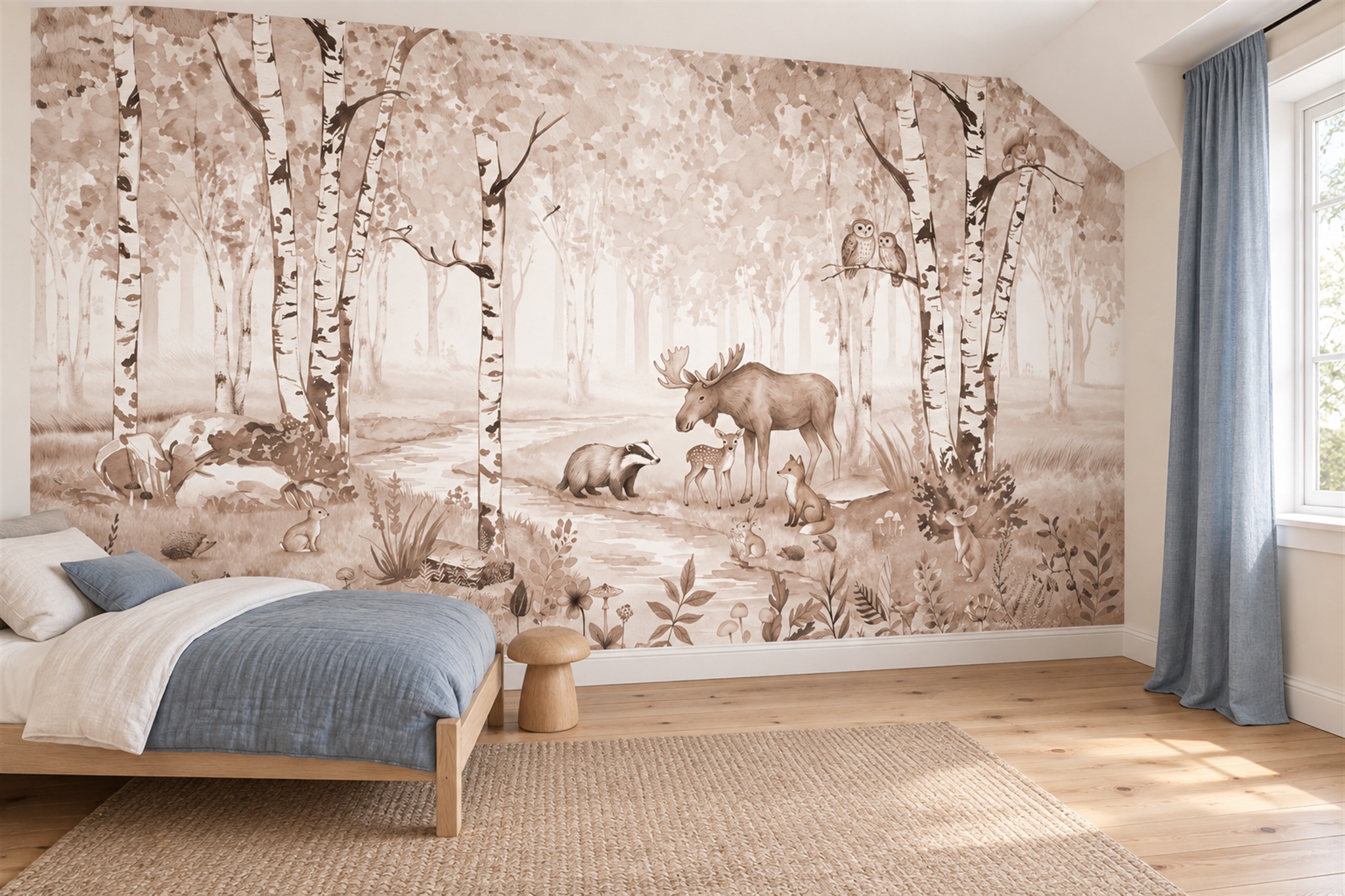 Taupe Woodland Scenic Wallpaper Mural Accent-wall-wallpaper-murals, Peel-and-stick Finish