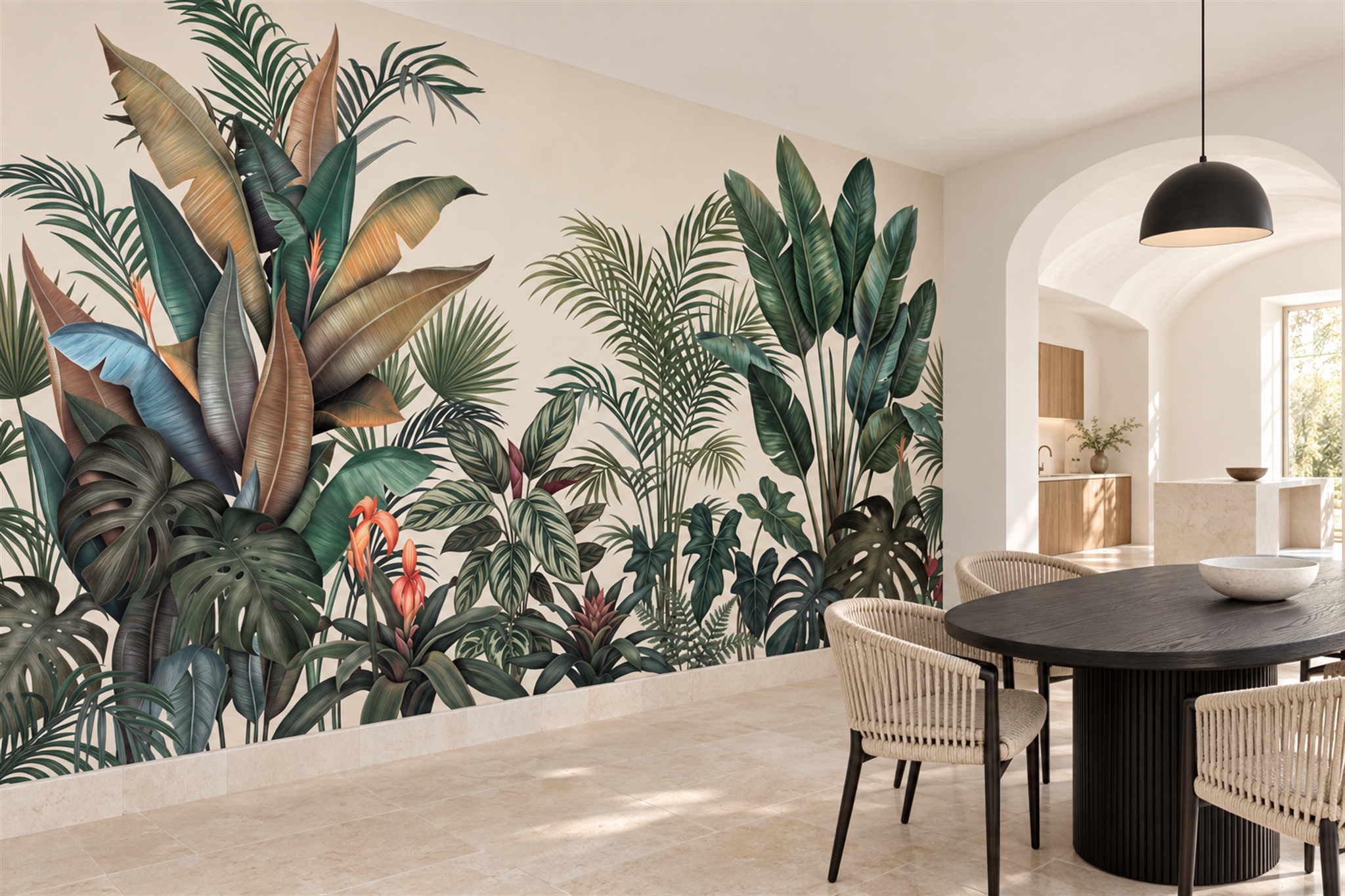 Green Leaf Botanical Layered Wallpaper Mural Dining-room-wallpaper-murals, Shown In A Dining Room, Peel-and-stick Finish