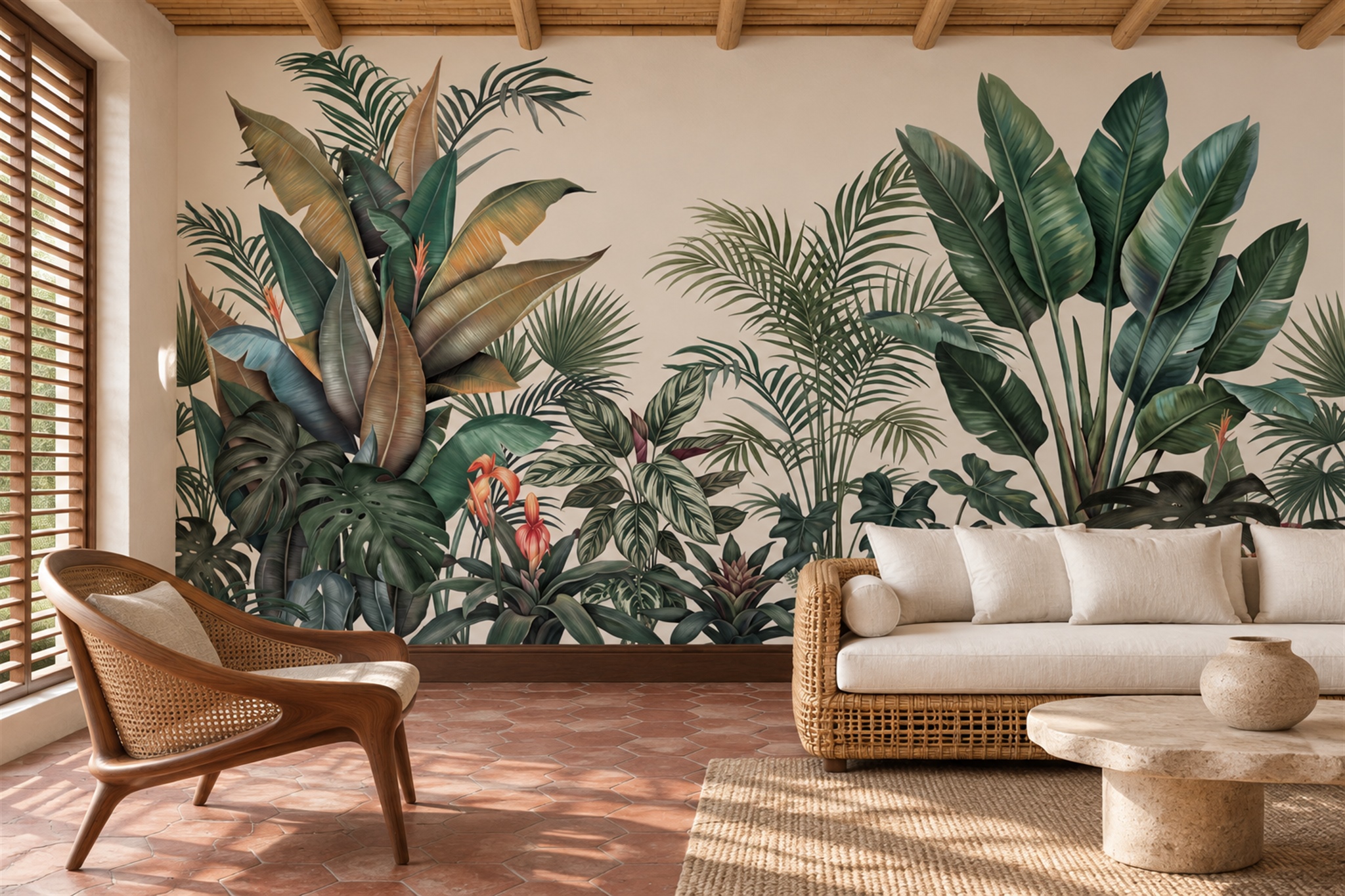 Large Tropical Leaves With Banana And Palm Foliage Wallpaper Mural — Wallpaper Mural Design, Peel-and-stick Finish
