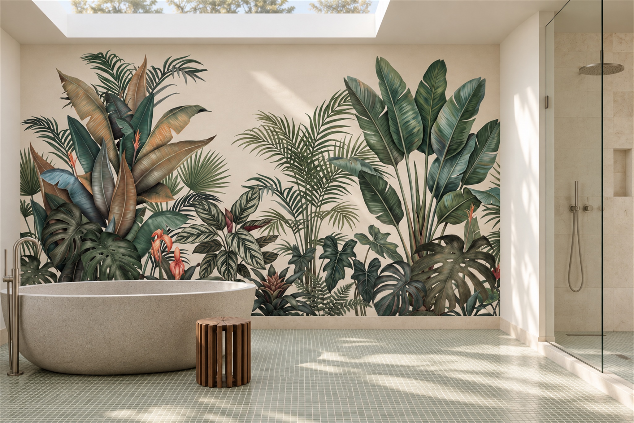 Green Leaf Botanical Layered Wallpaper Mural Bathroom-wallpaper-murals, Peel-and-stick Finish