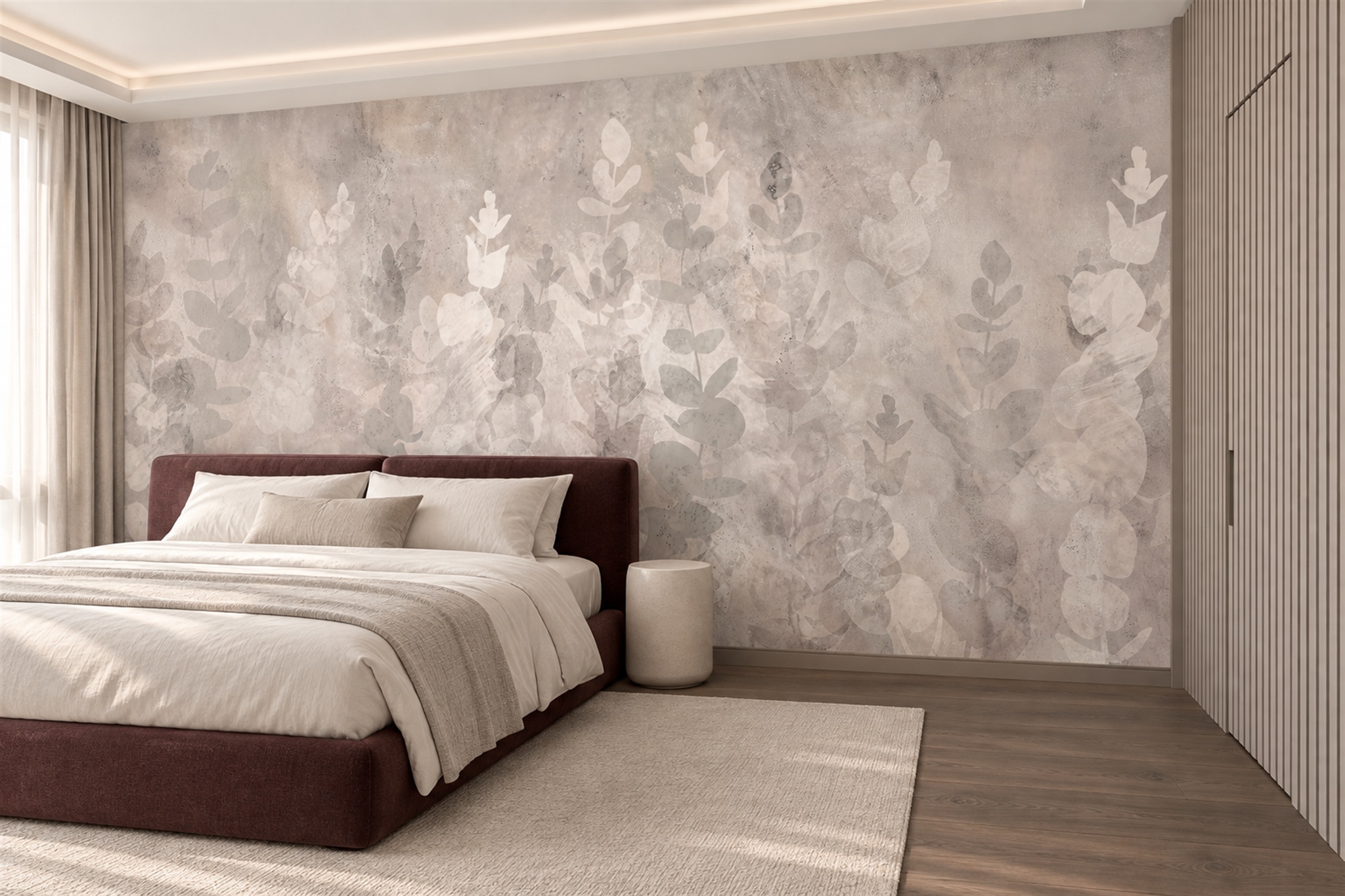 Taupe Leaf Botanical Decorative Wallpaper Mural Bedroom-wallpaper-murals, Peel-and-stick Finish