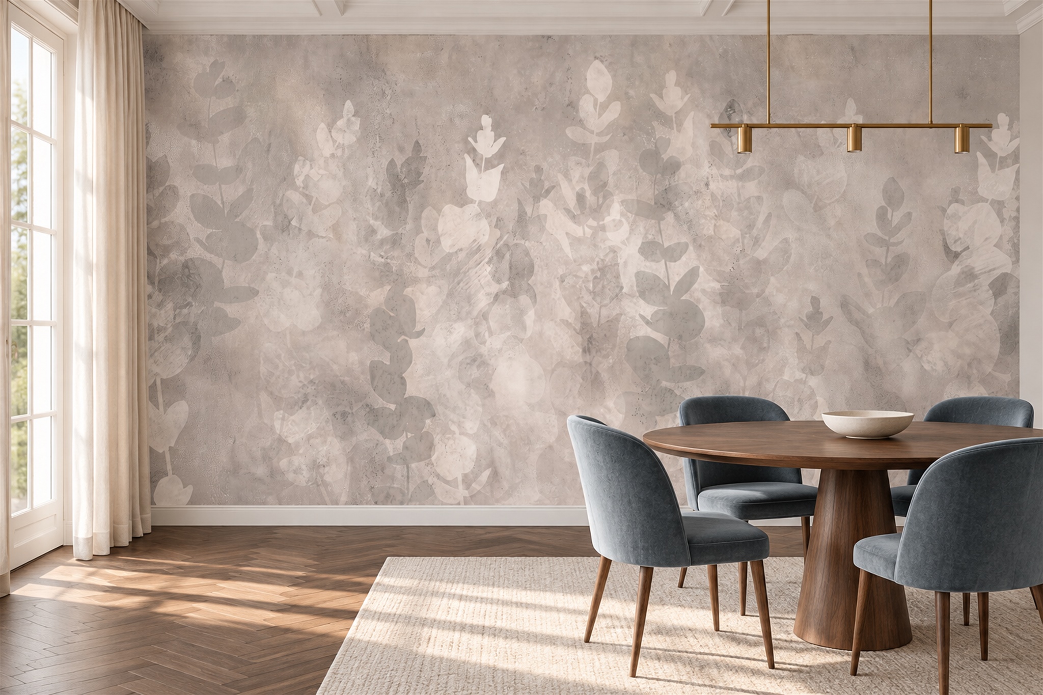 Taupe Leaf Botanical Decorative Wallpaper Mural Dining-room-wallpaper-murals, Shown In A Dining Room, Peel-and-stick Finish