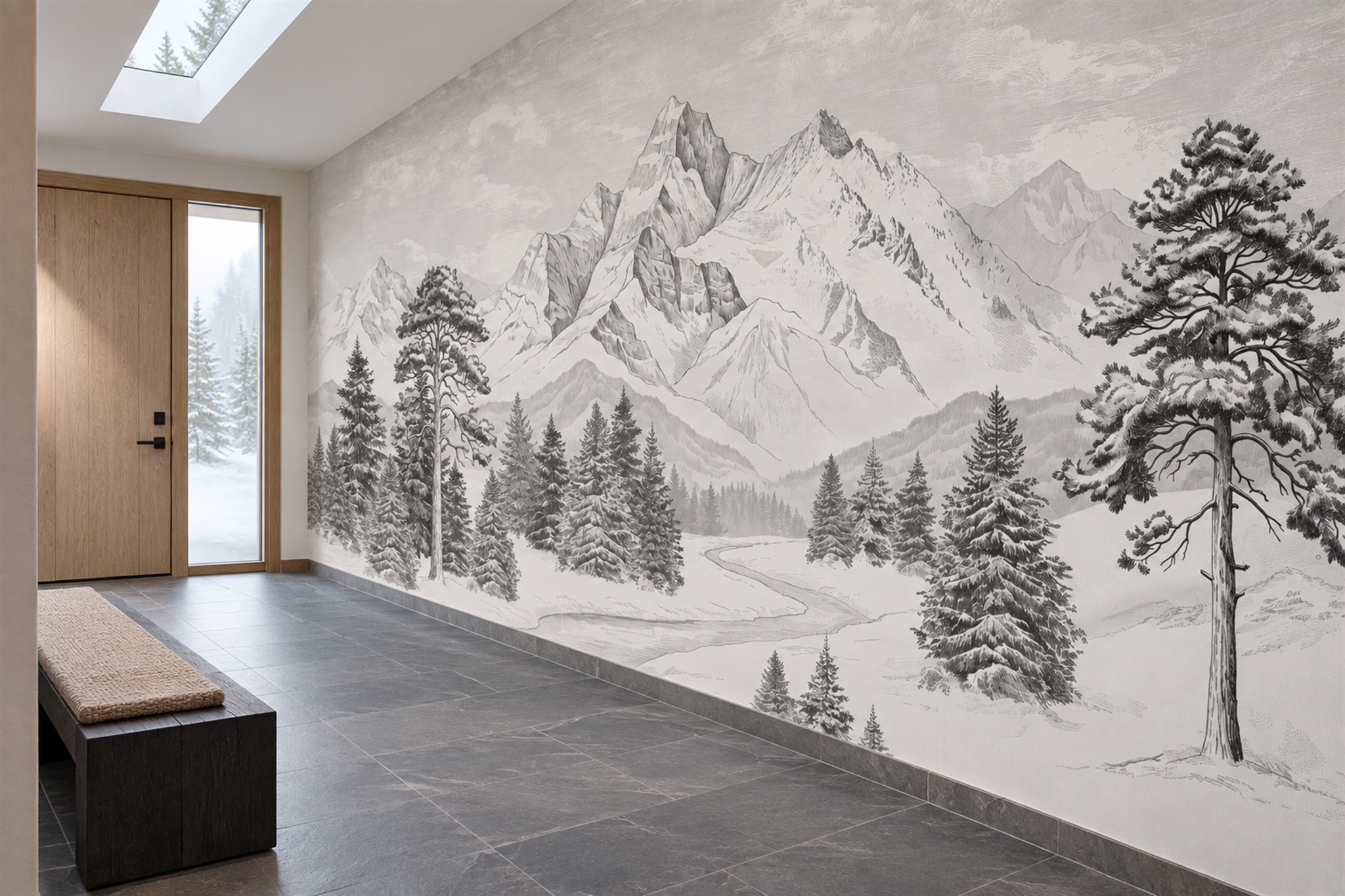 Grey Alpine Scenic Wallpaper Mural Entryway-wallpaper-murals, Peel-and-stick Finish