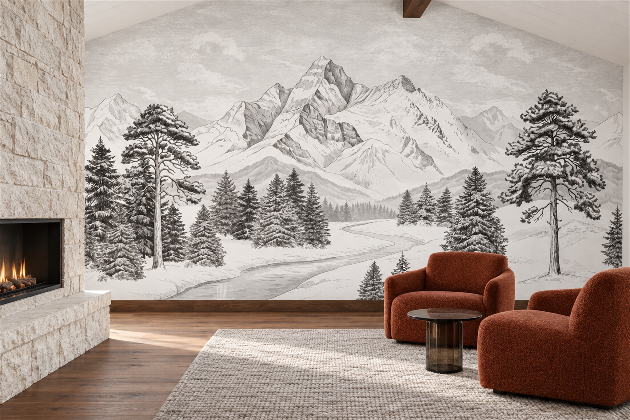 Grey Alpine Scenic Wallpaper Mural Living-room-wallpaper-murals, Peel-and-stick Finish