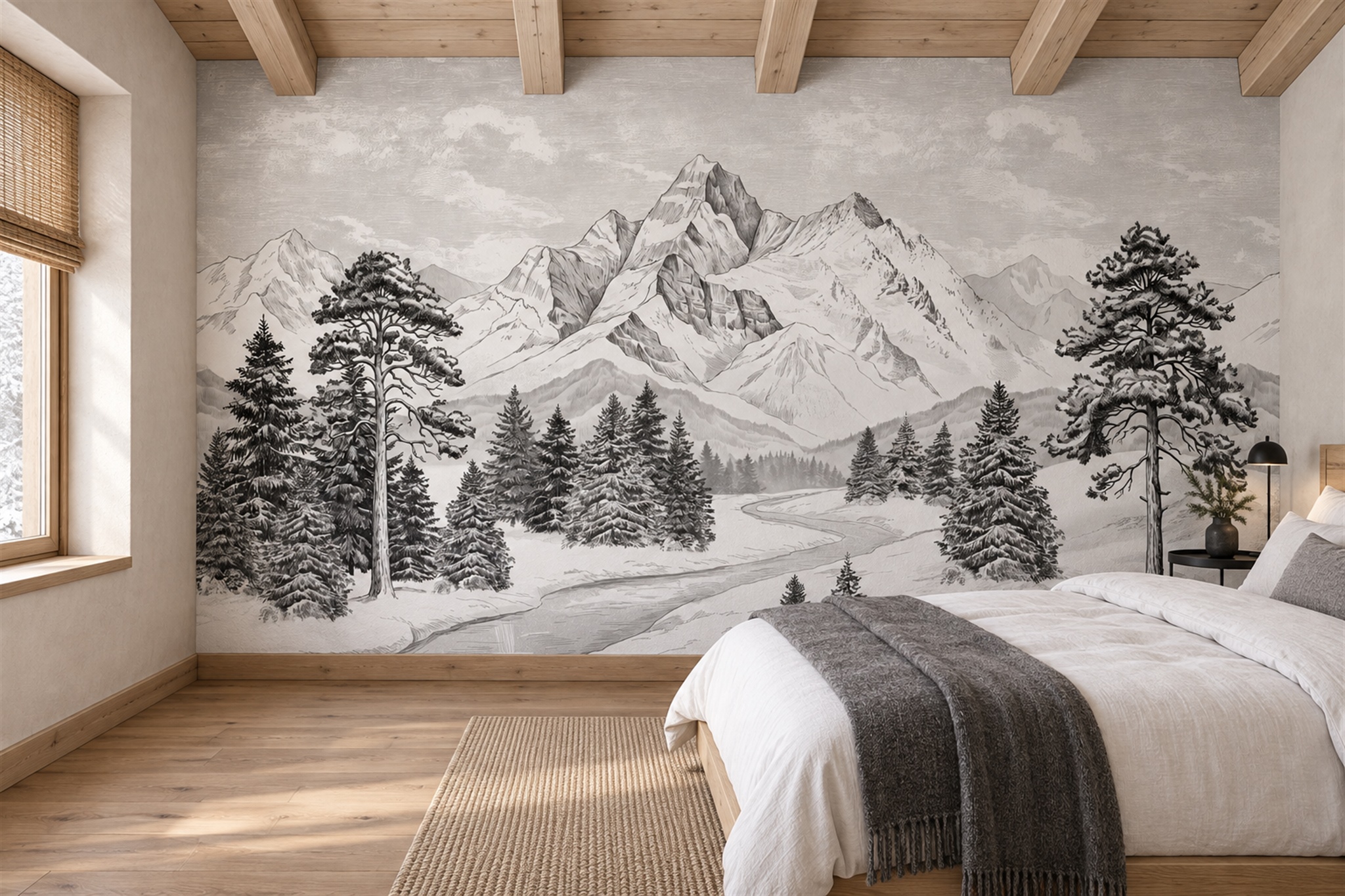 Grey Alpine Scenic Wallpaper Mural Living-room-wallpaper-murals, Peel-and-stick Finish