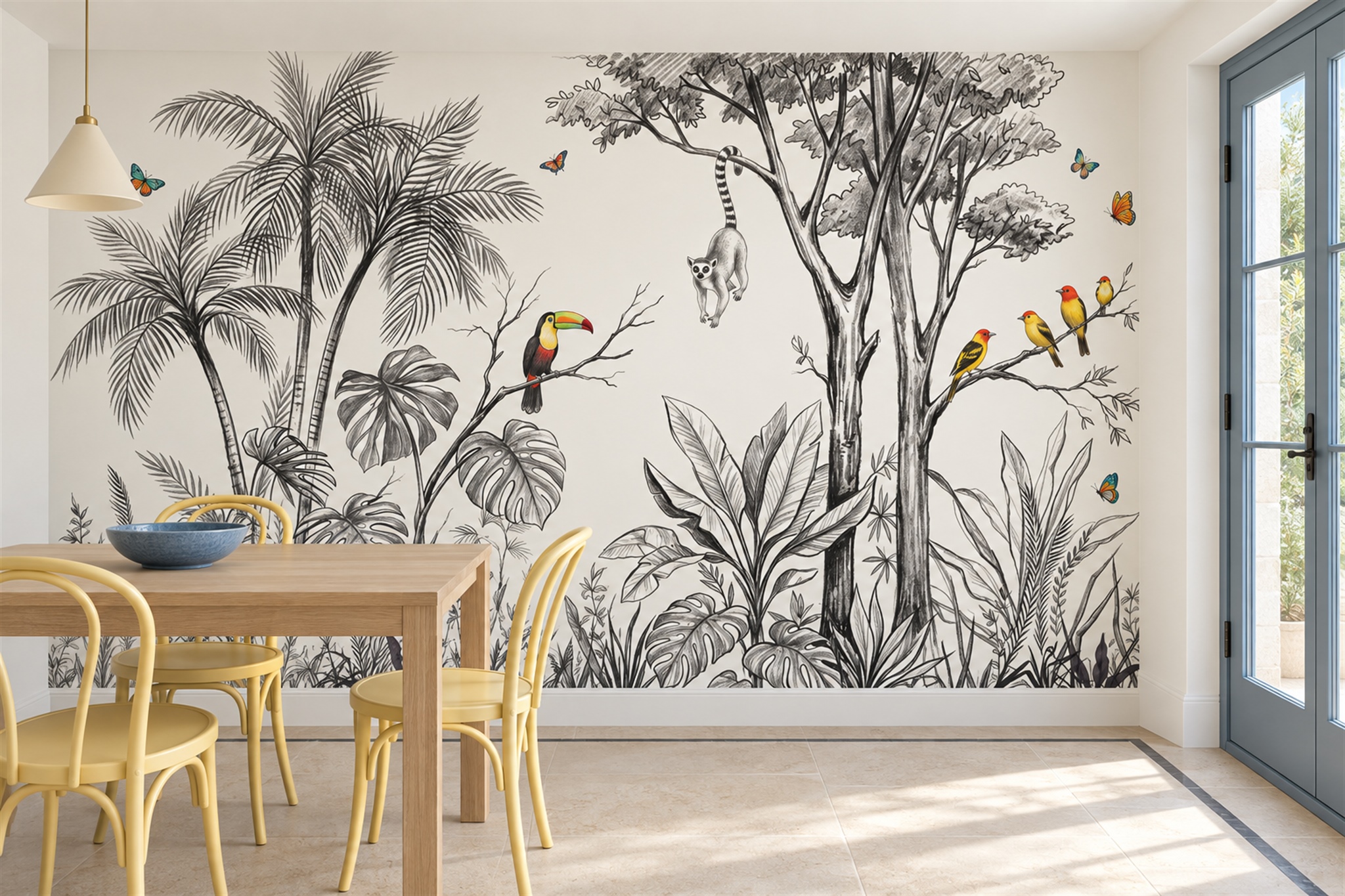 Grey Jungle Scenic Tropical Wallpaper Mural Dining-room-wallpaper-murals, Shown In A Dining Room, Peel-and-stick Finish