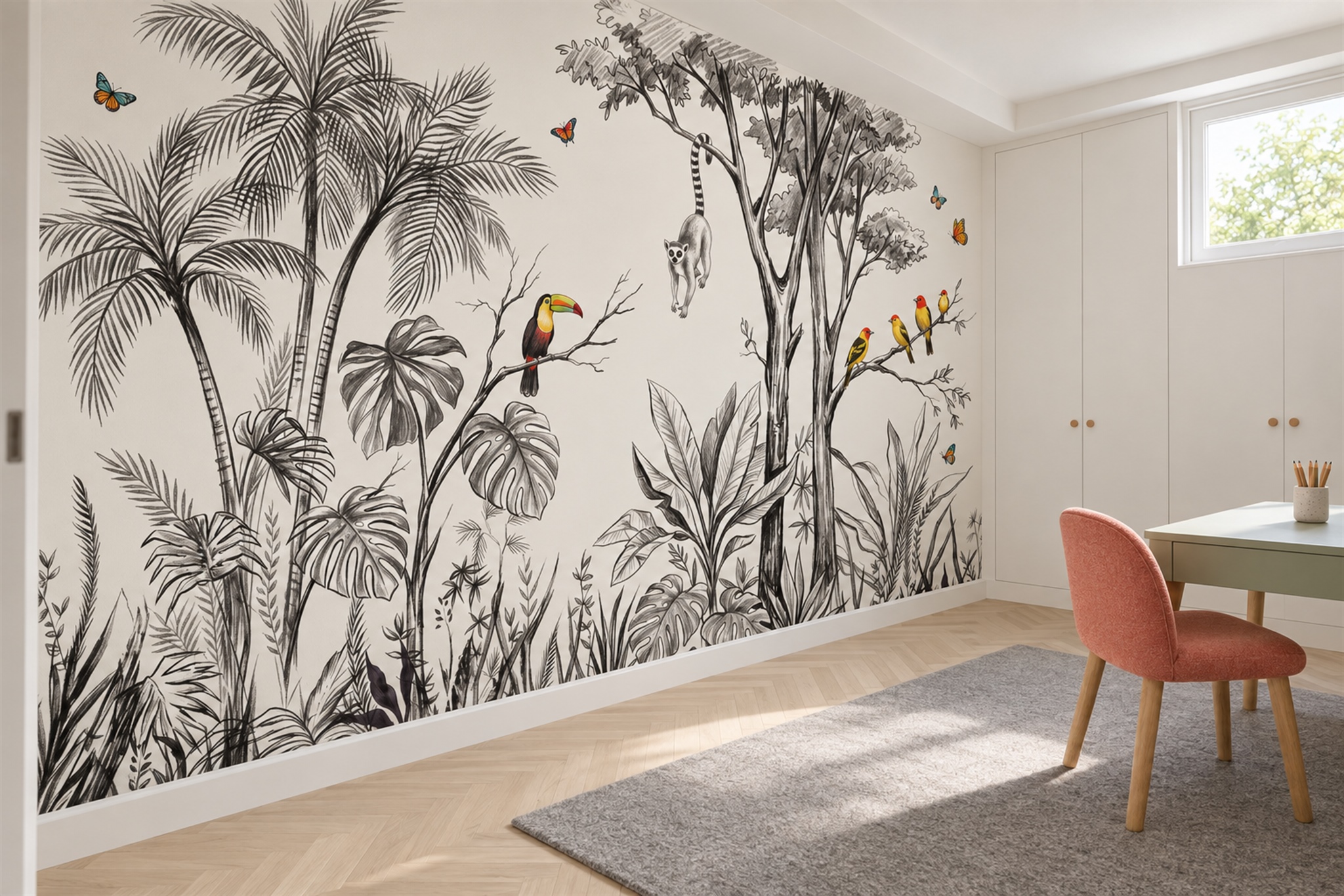 Grey Jungle Scenic Tropical Wallpaper Mural Home-office-wallpaper-murals, Shown In A Home Office, Peel-and-stick Finish