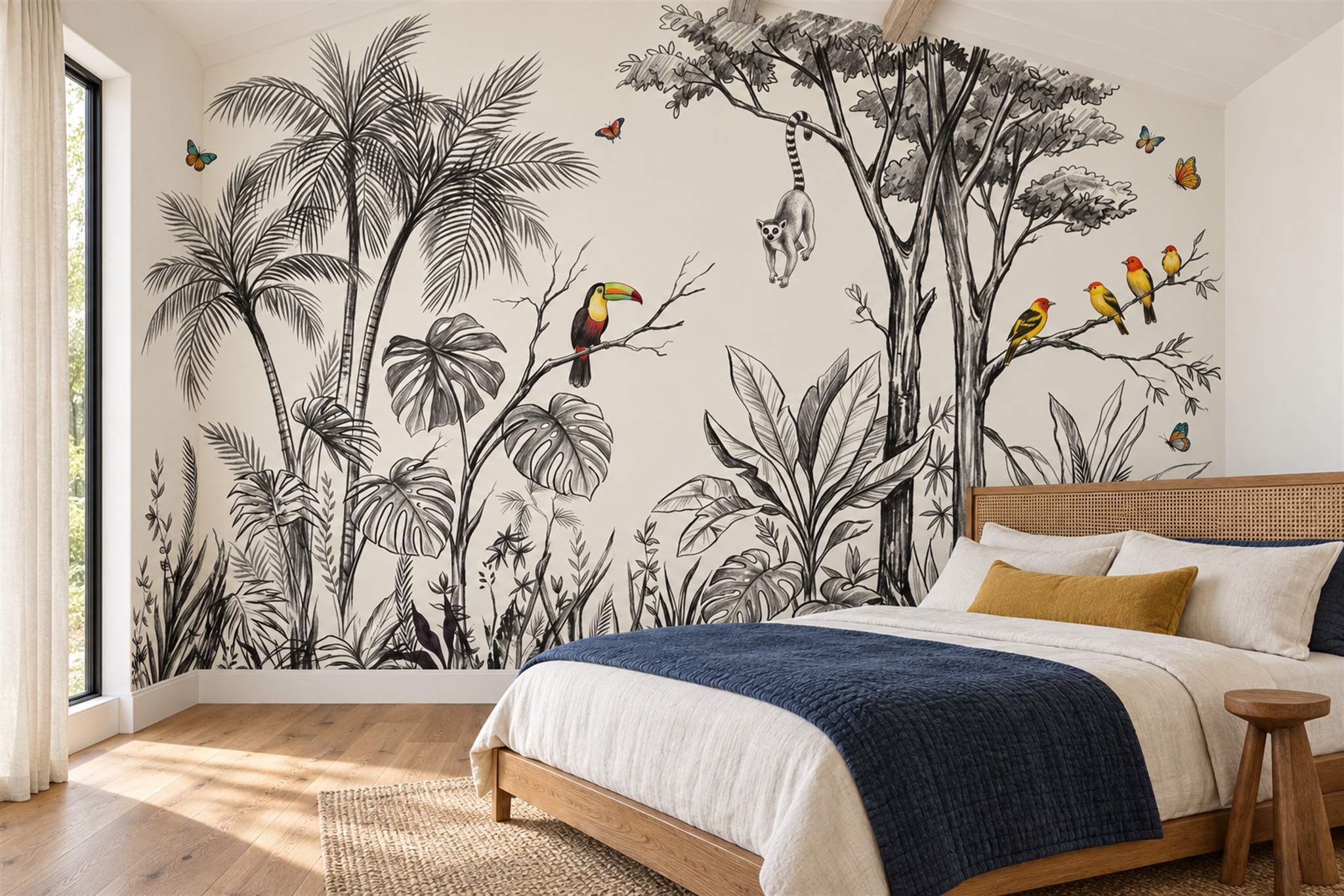 Grey Jungle Birds And Palms Illustration Wallpaper Mural — Installed Wallpaper Mural In A Bedroom, Peel-and-stick Finish
