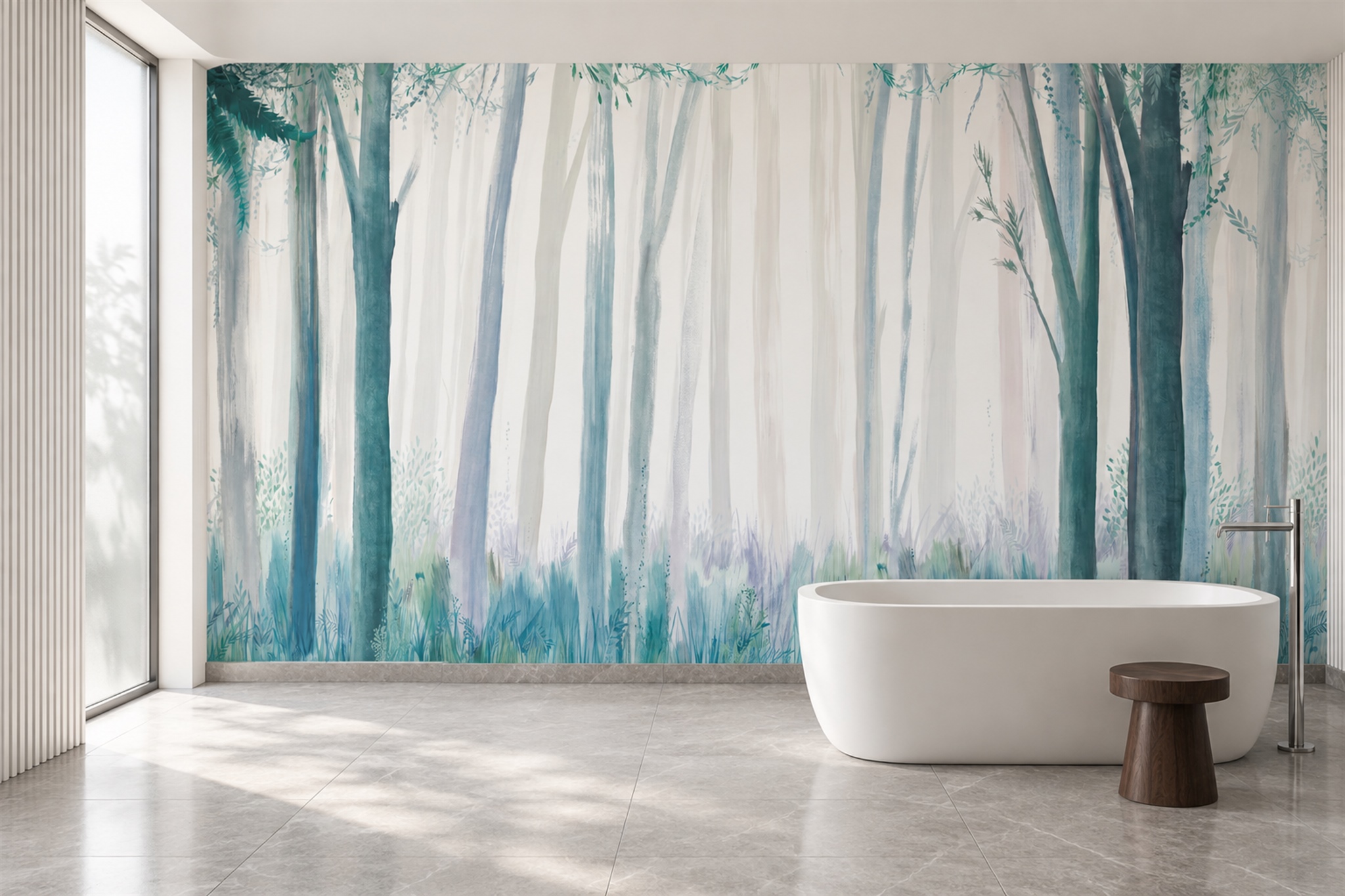 Aqua Forest Scenic Wallpaper Mural Bathroom-wallpaper-murals, Peel-and-stick Finish