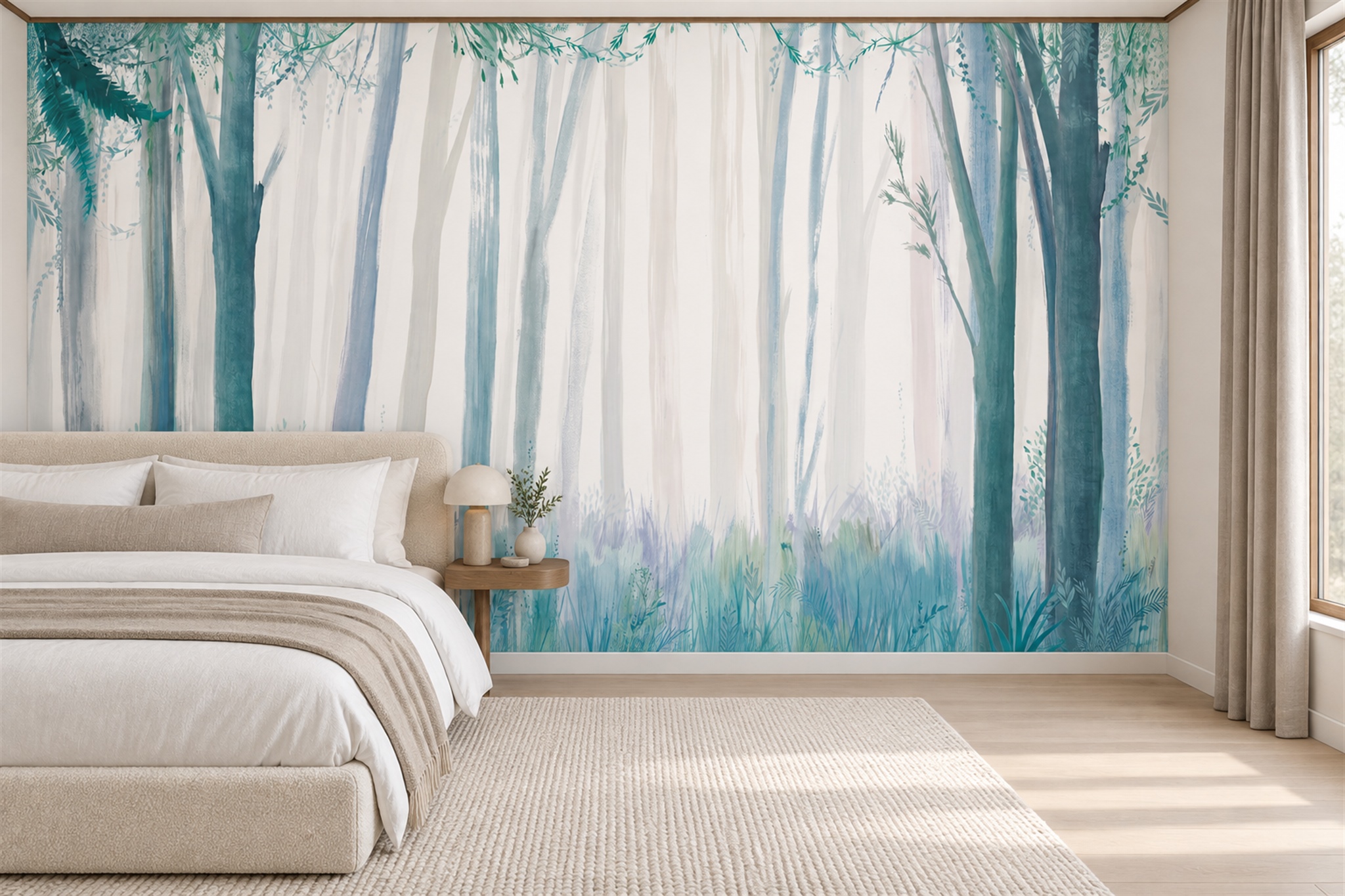 Aqua Forest Scenic Wallpaper Mural Bedroom-wallpaper-murals, Peel-and-stick Finish