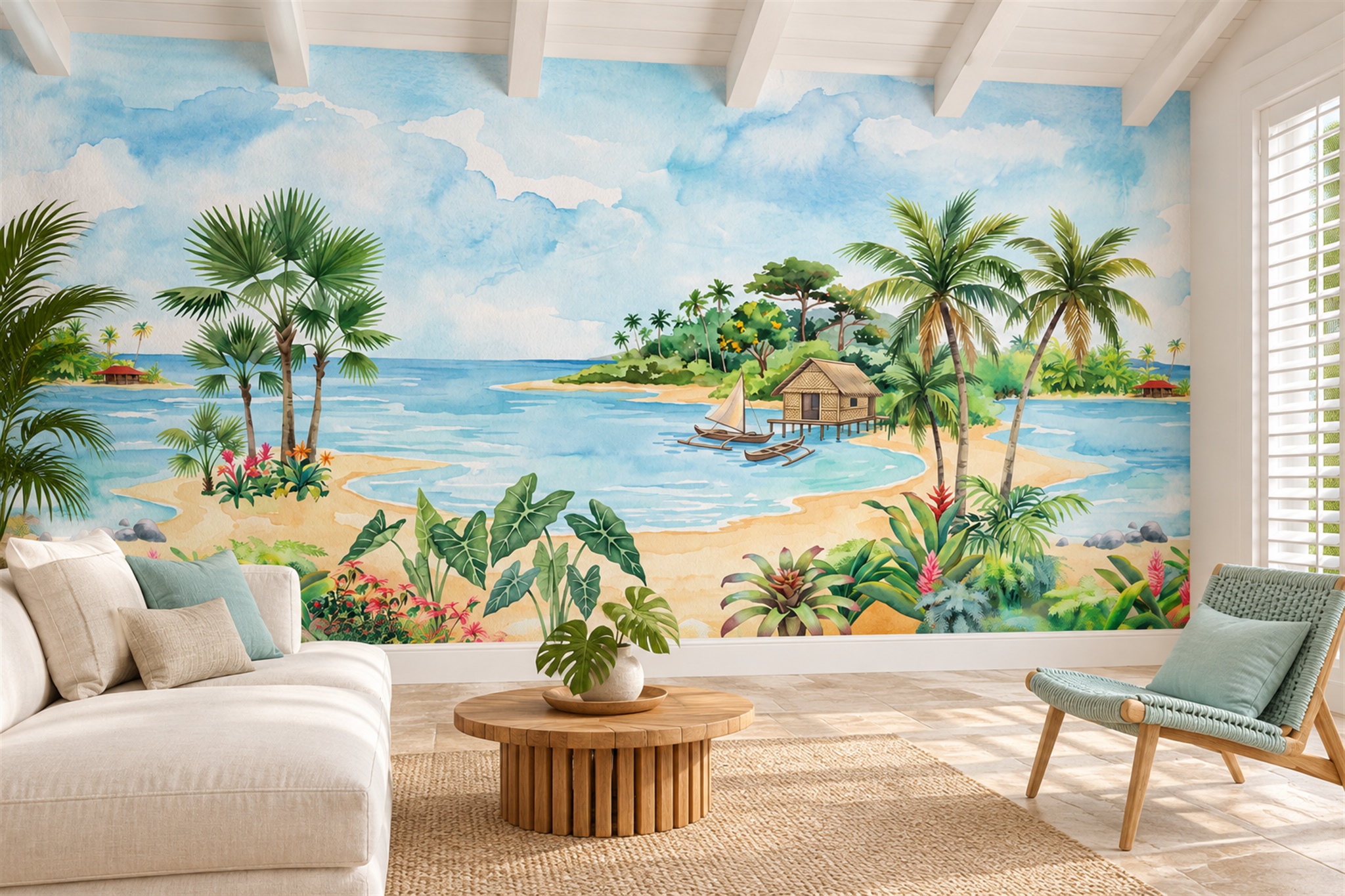 Watercolour Tropical Island Lagoon With Palm Huts And Boats Wallpaper Mural — Wallpaper Mural Design, Peel-and-stick Finish