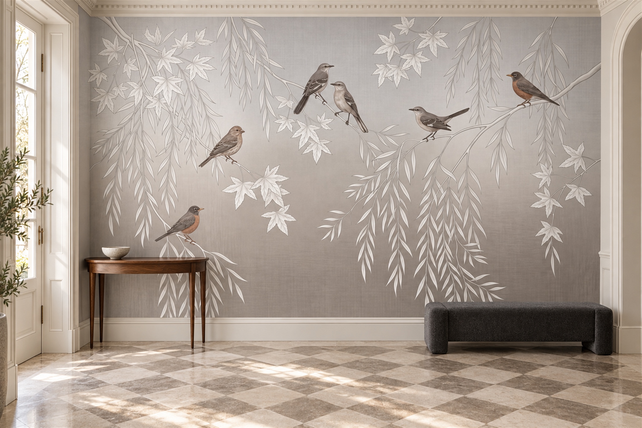 Grey Botanical Botanical Wallpaper Mural Accent-wall-wallpaper-murals, Peel-and-stick Finish
