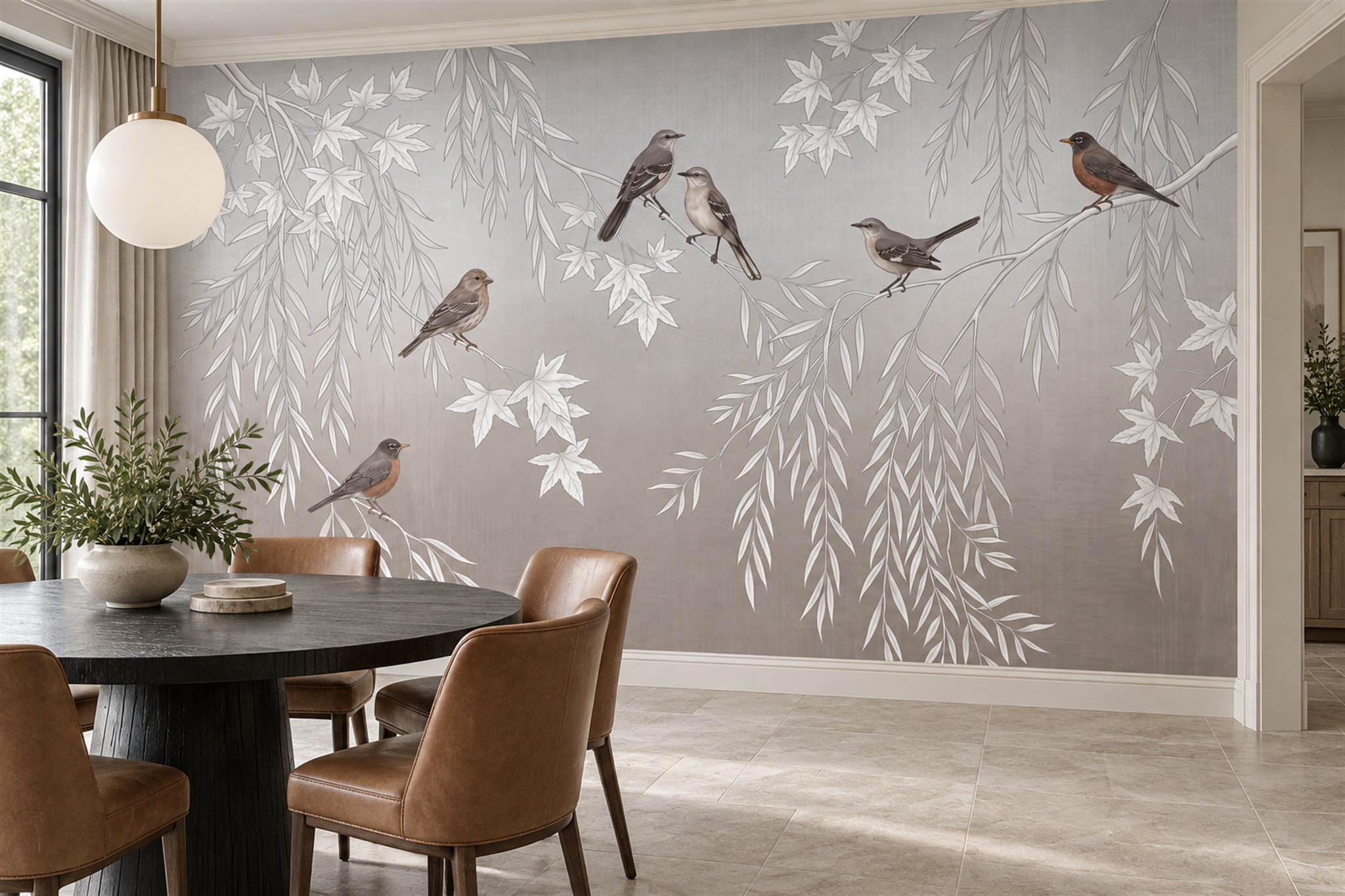 Grey Botanical Botanical Wallpaper Mural Dining-room-wallpaper-murals, Shown In A Dining Room, Peel-and-stick Finish