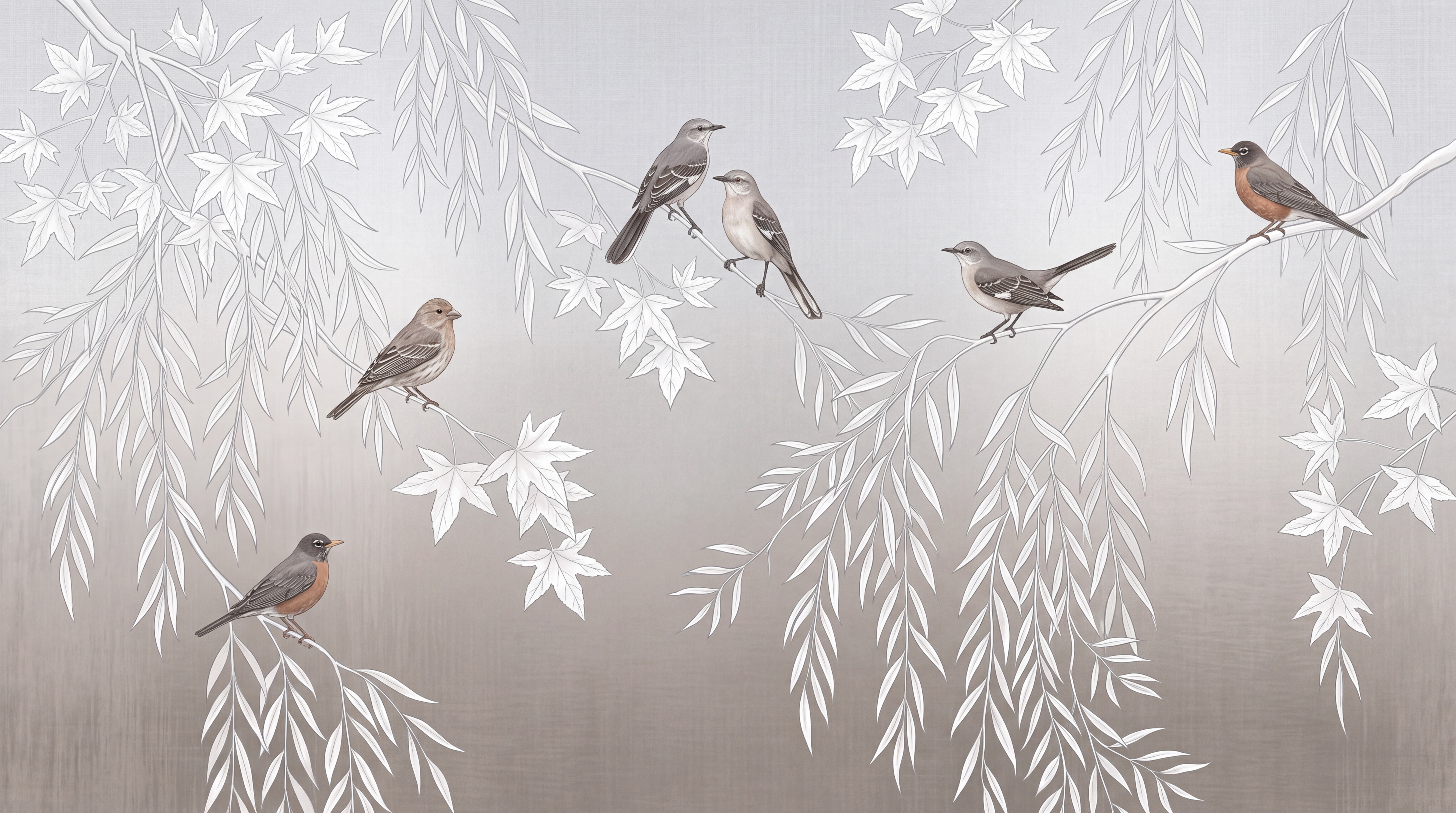 Grey Botanical Botanical Wallpaper Mural Bedroom-wallpaper-murals, Peel-and-stick Finish