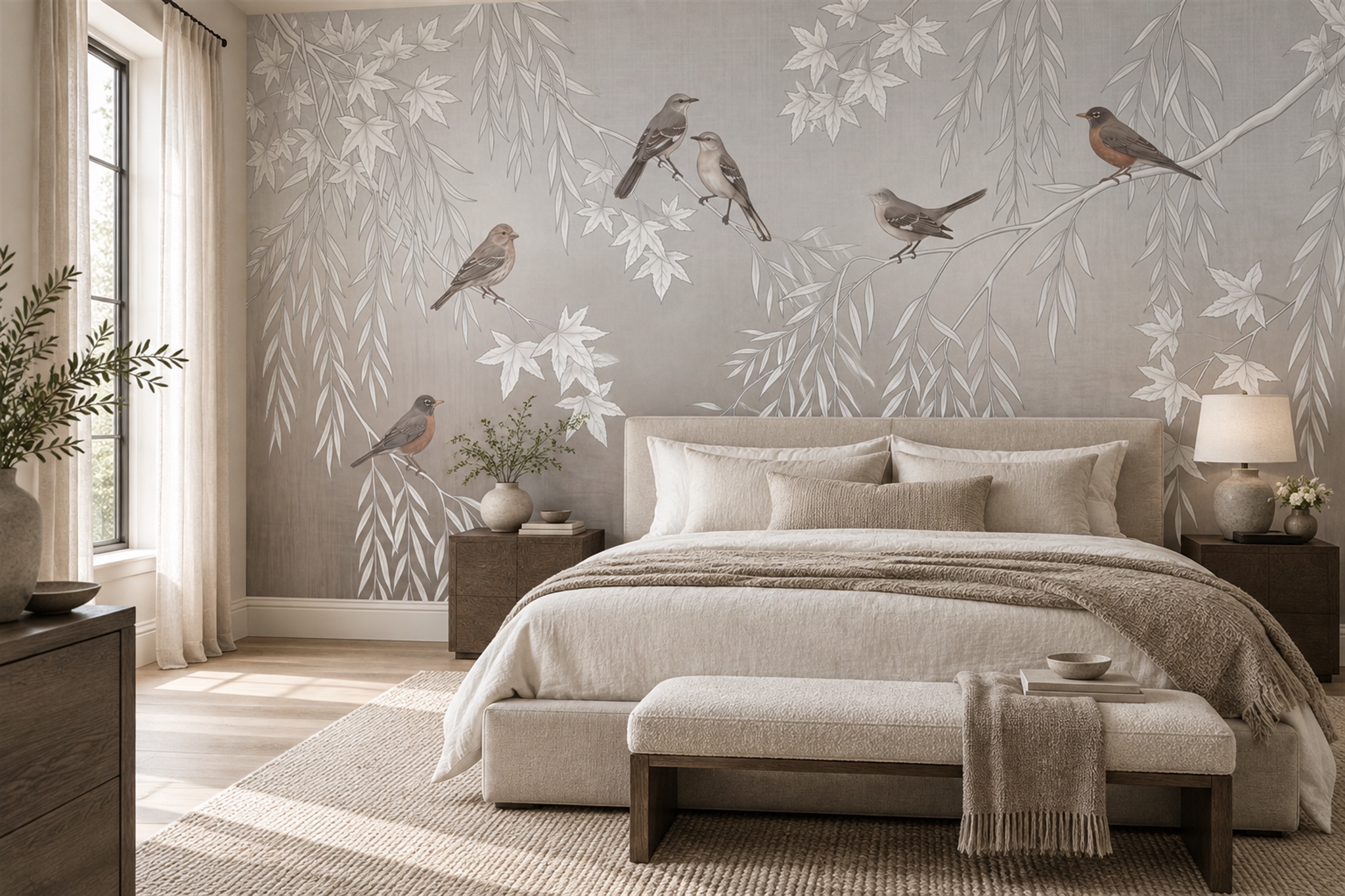 Grey Blossom Birds And Foliage Wallpaper Mural — Installed Wallpaper Mural In A Bedroom, Peel-and-stick Finish