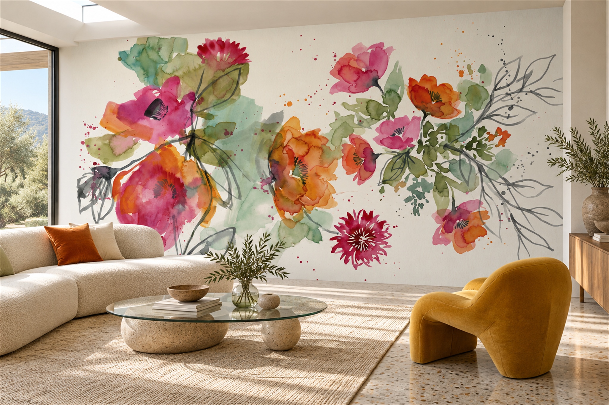 Large pink and orange watercolour flowers with white space on a living-room wall