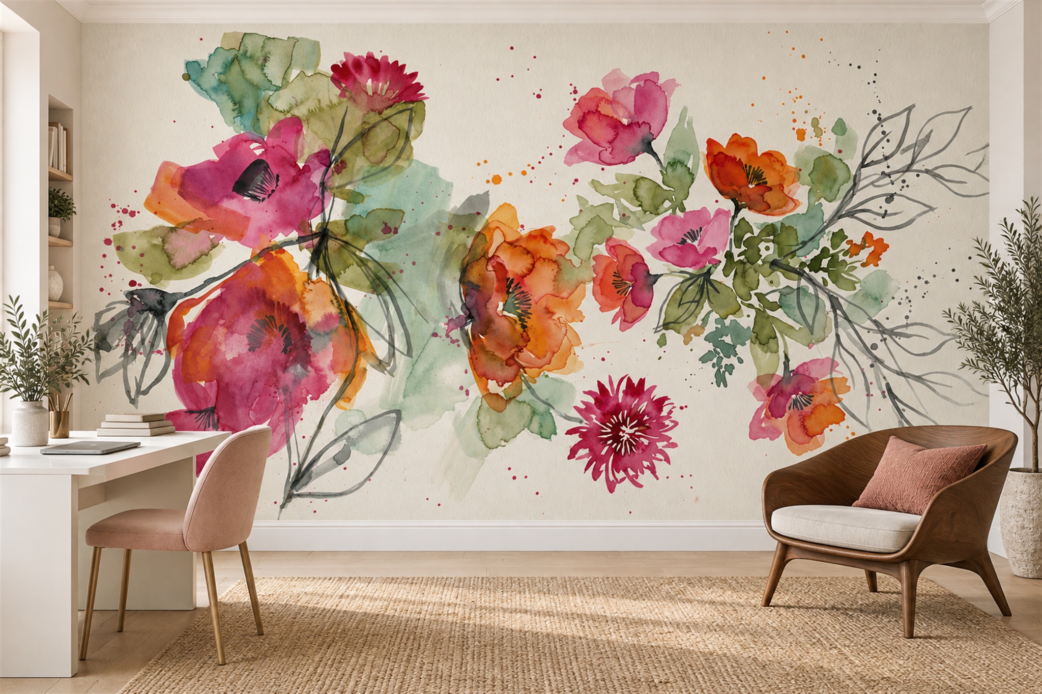 Pink Floral Botanical Painterly Wallpaper Mural Home-office-wallpaper-murals, Peel-and-stick Finish