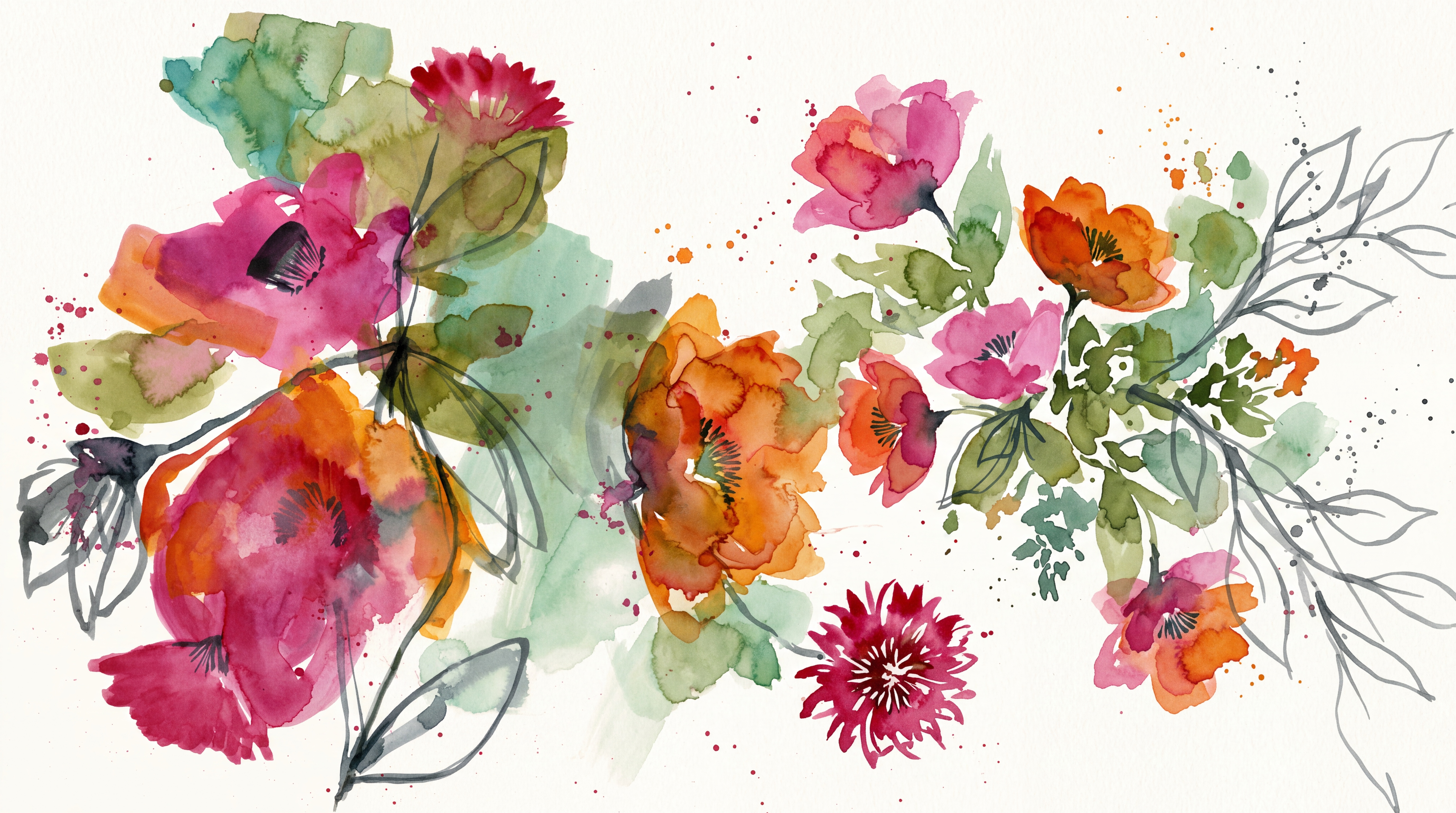 Pink Floral Botanical Painterly Wallpaper Mural, Peel-and-stick Finish