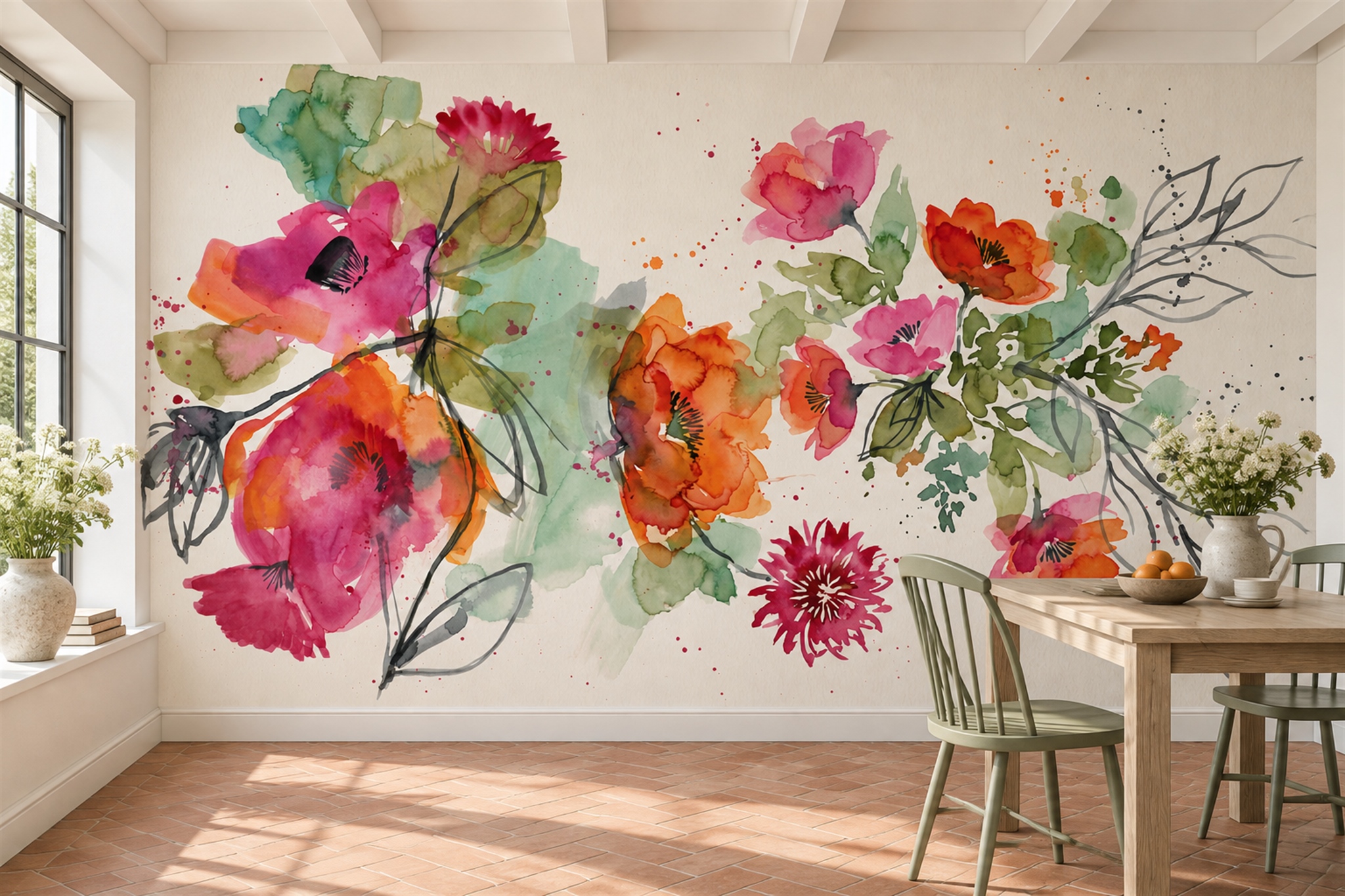 Pink Floral Botanical Painterly Wallpaper Mural Home-office-wallpaper-murals, Peel-and-stick Finish