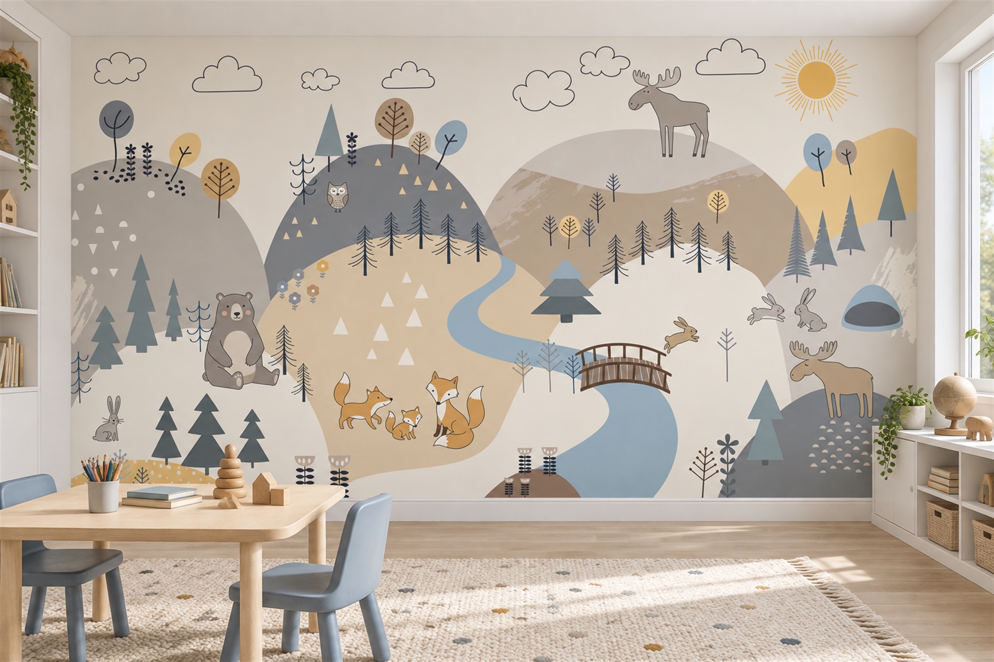 Grey Woodland Scenic Painterly Wallpaper Mural Home-office-wallpaper-murals, Shown In A Home Office, Peel-and-stick Finish