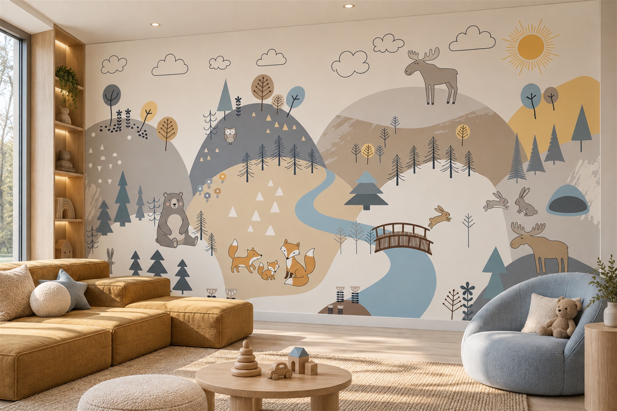 Whimsical Forest River With Bear, Foxes And Deer Wallpaper Mural — Wallpaper Mural Design, Peel-and-stick Finish