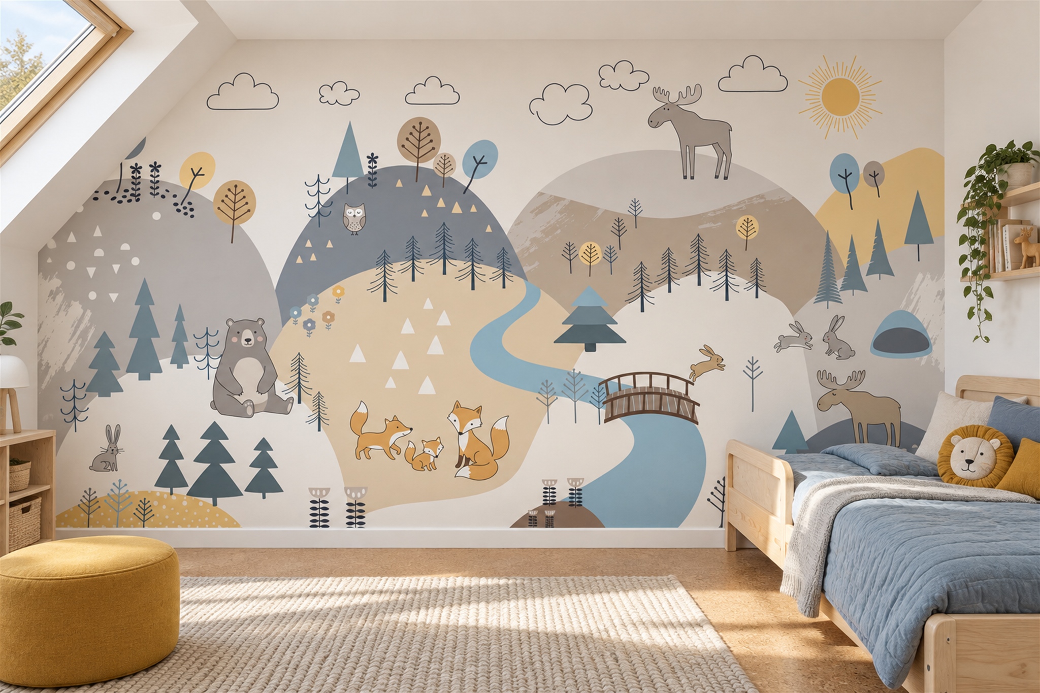 Grey Woodland Scenic Painterly Wallpaper Mural Accent-wall-wallpaper-murals, Peel-and-stick Finish