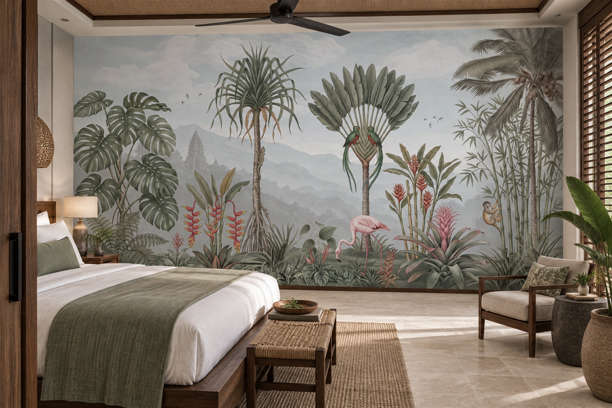 Sage Tropical Artful Painterly Wallpaper Mural Bedroom-wallpaper-murals, Peel-and-stick Finish