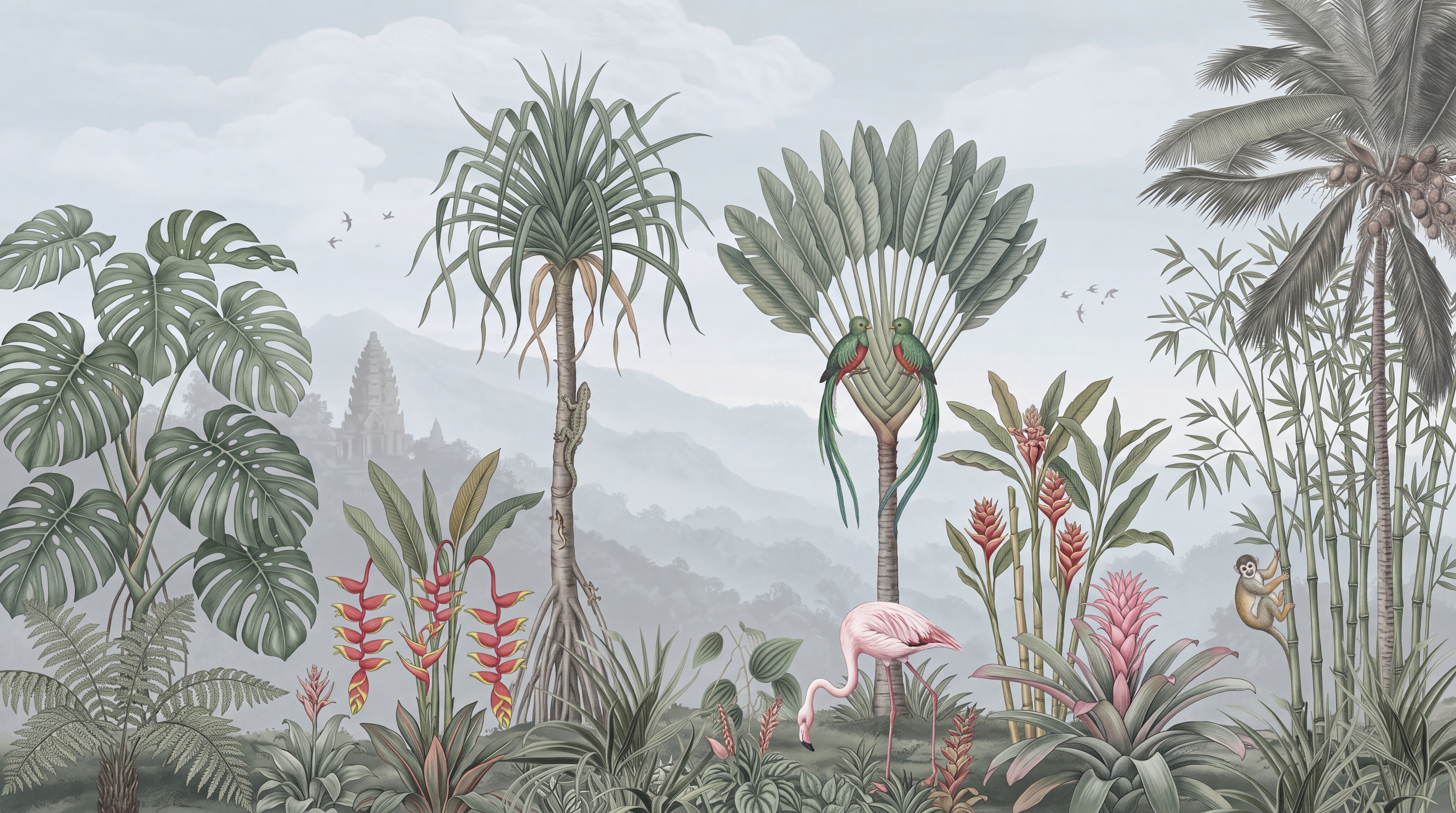 Sage Tropical Artful Painterly Wallpaper Mural, Peel-and-stick Finish