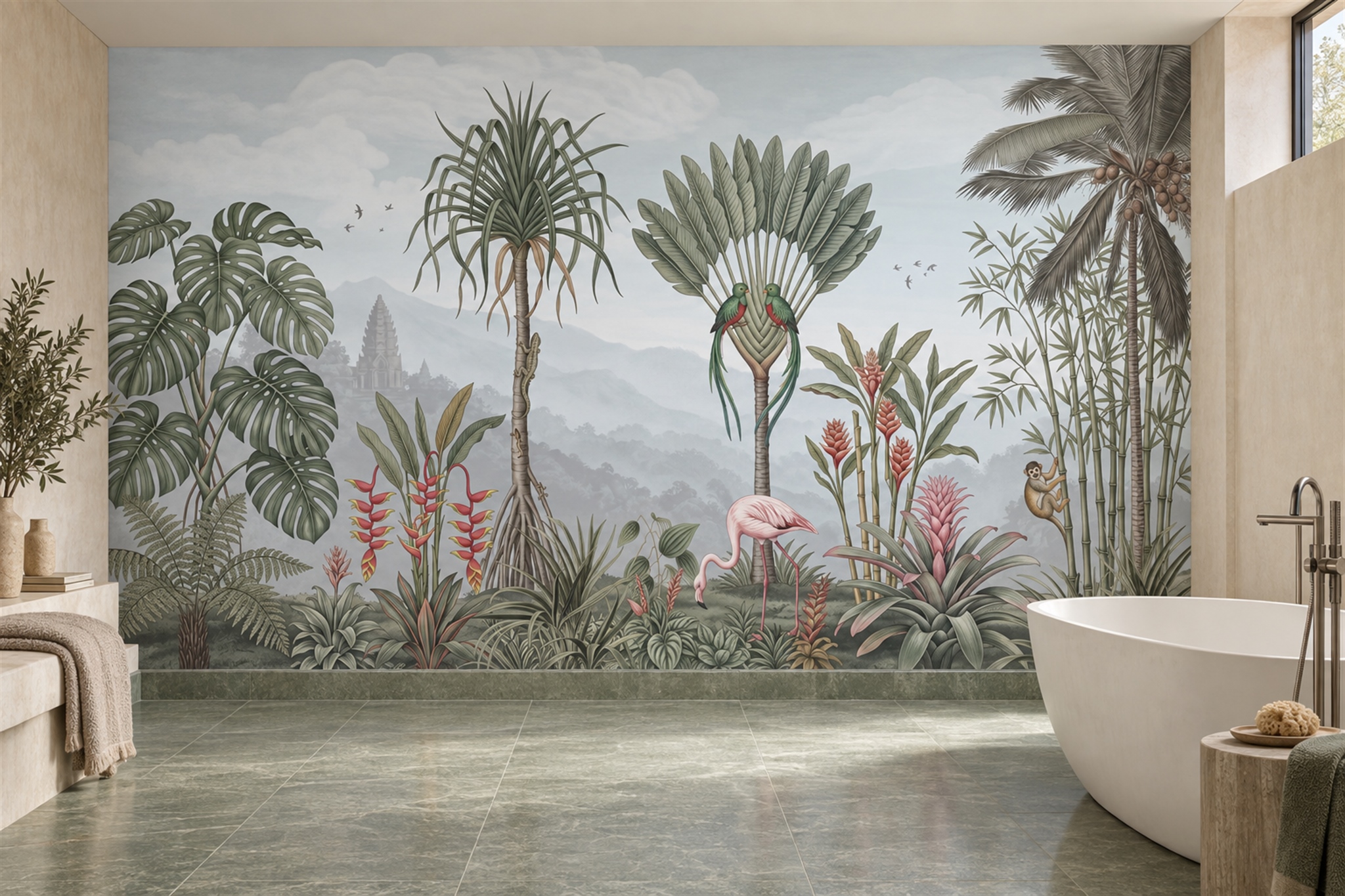 Sage Tropical Artful Painterly Wallpaper Mural Bathroom-wallpaper-murals, Peel-and-stick Finish