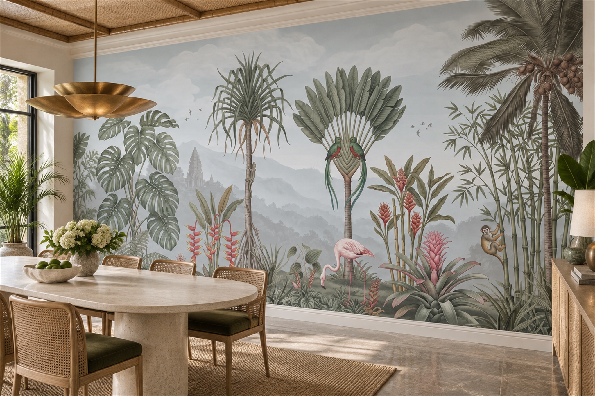 Sage Tropical River With Flamingo, Parrots And Palm Foliage Wallpaper Mural — Wallpaper Mural Design, Peel-and-stick Finish