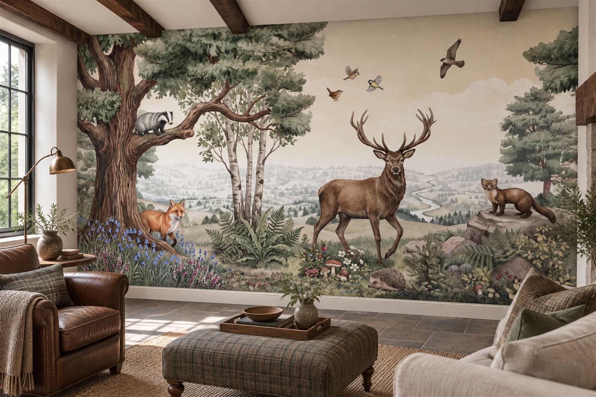 Sage Deer Illustrated Layered Wallpaper Mural Living-room-wallpaper-murals, Shown In A Living Room, Peel-and-stick Finish