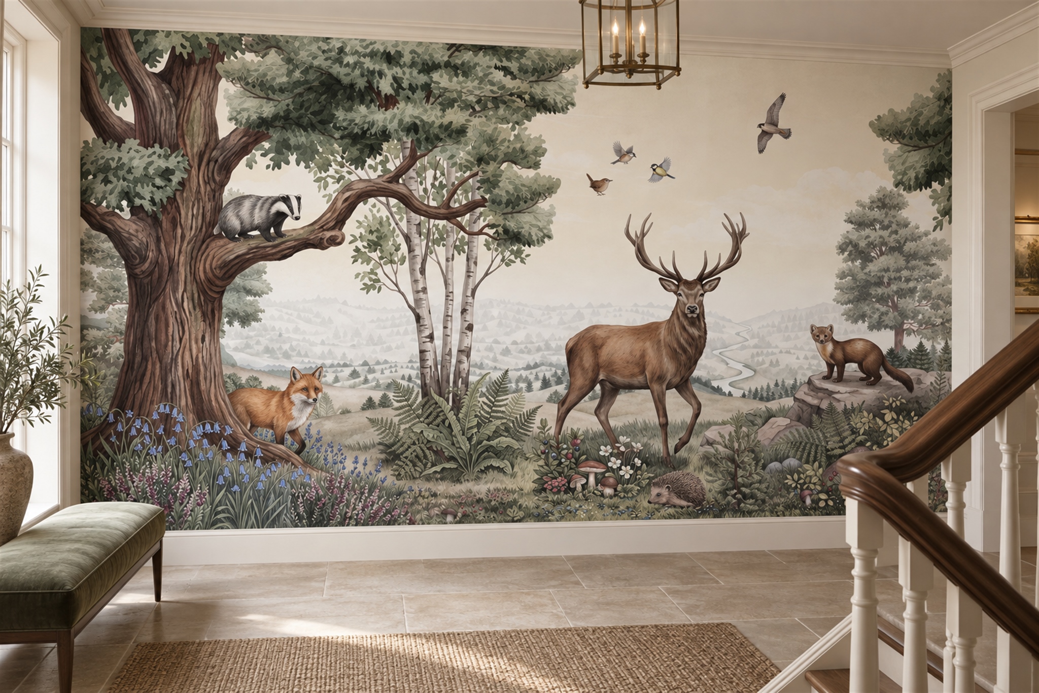 Sage Deer Illustrated Layered Wallpaper Mural Accent-wall-wallpaper-murals, Peel-and-stick Finish