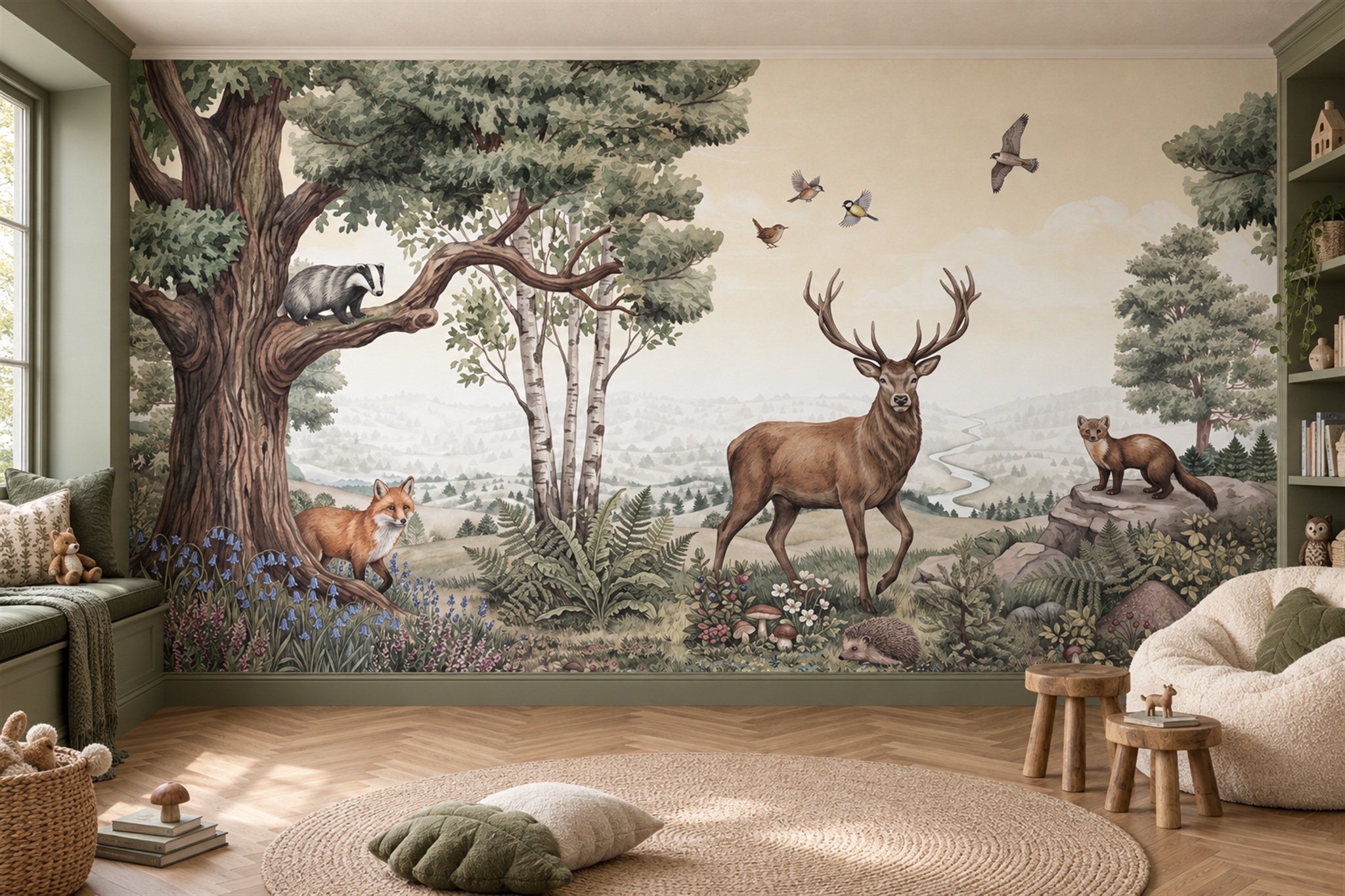 Woodland Deer, Fox And Badger Beneath A Forest Tree Wallpaper Mural — Wallpaper Mural Design, Peel-and-stick Finish