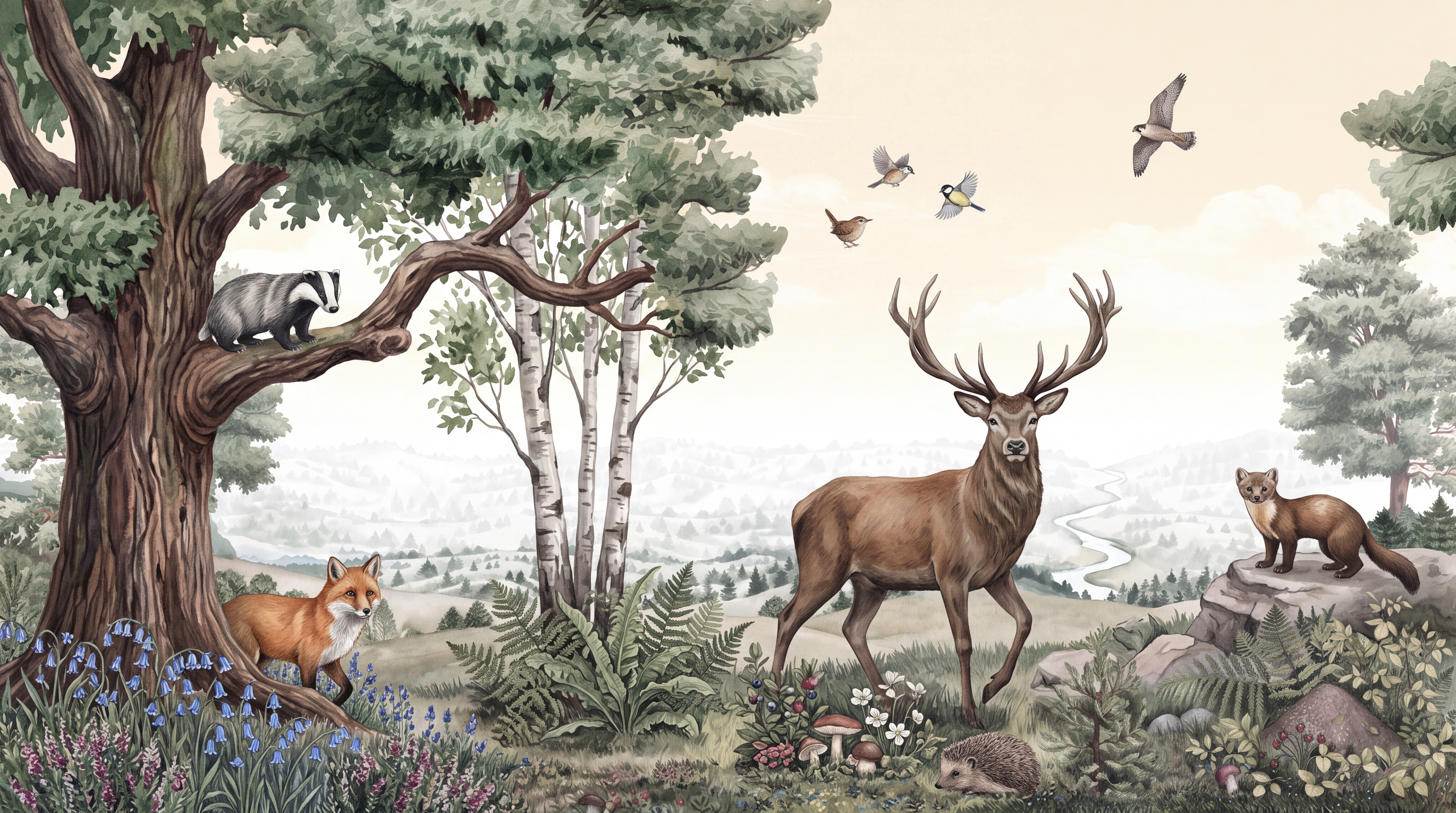 Sage Deer Illustrated Layered Wallpaper Mural Accent-wall-wallpaper-murals, Peel-and-stick Finish