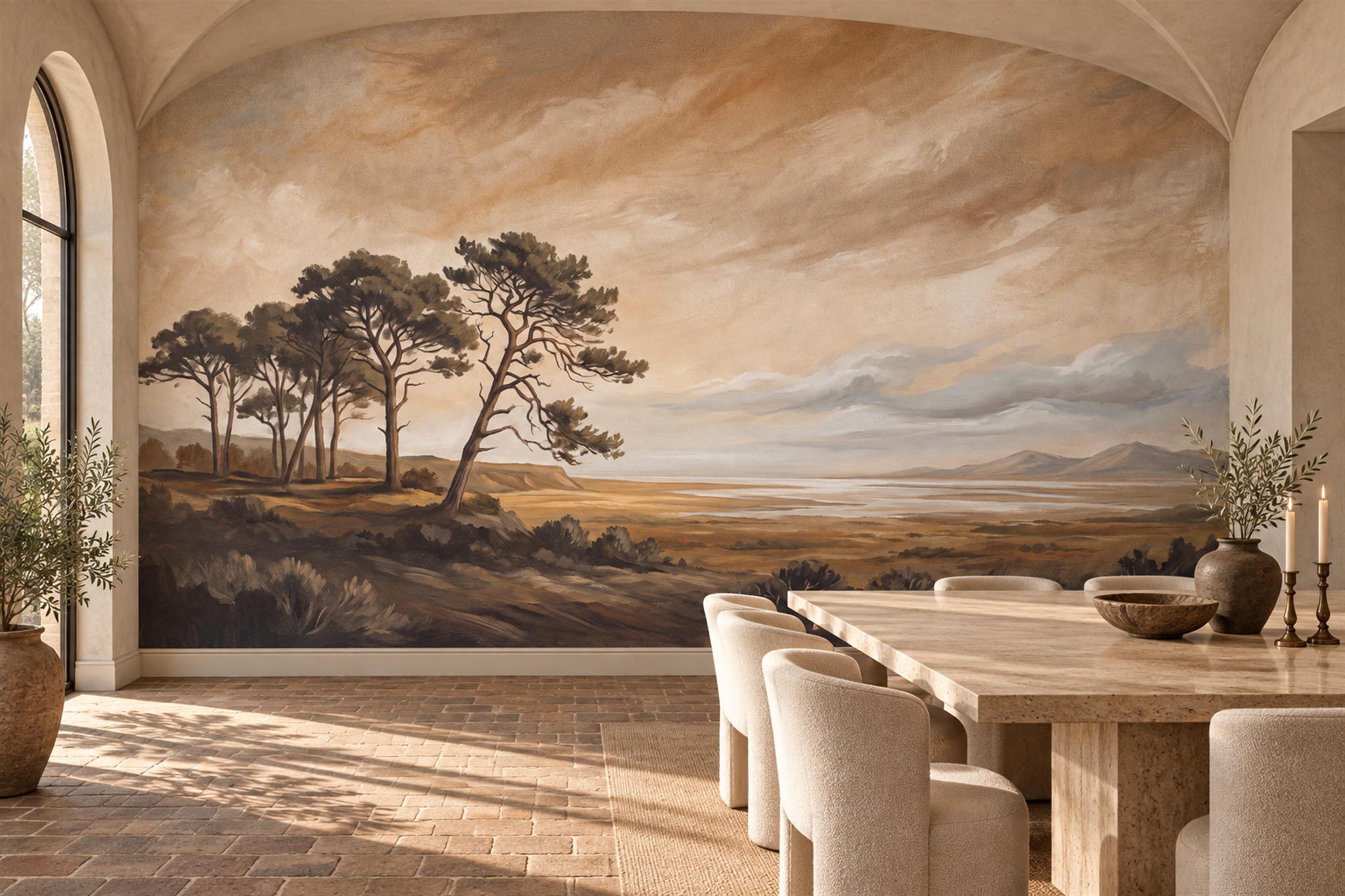 Sepia Pine Trees Beside A Broad Quiet Water Landscape Wallpaper Mural — Wallpaper Mural Design, Peel-and-stick Finish