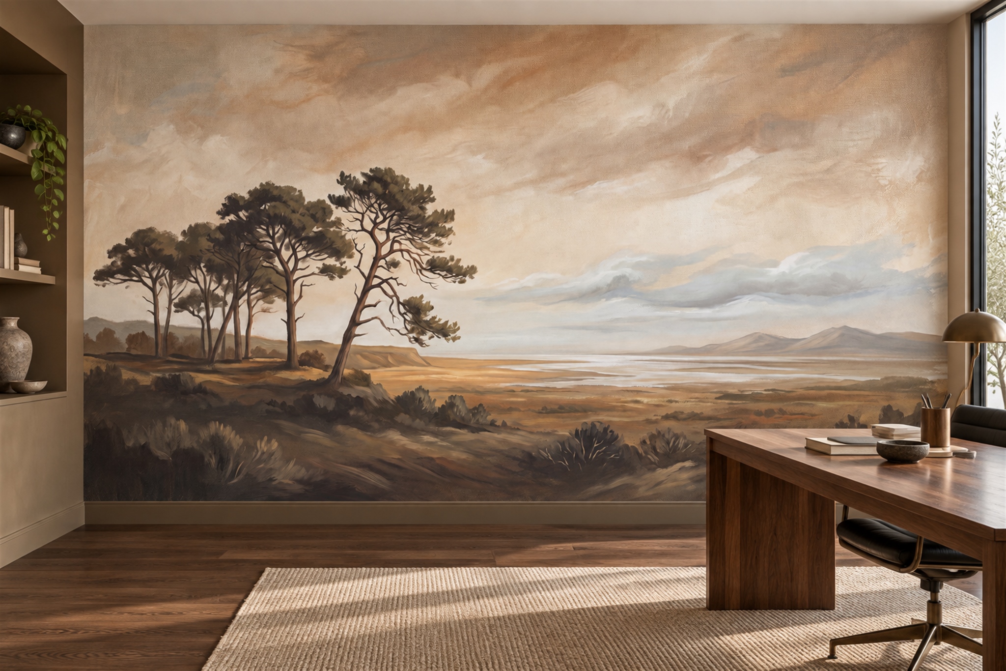Brown Landscape Scenic Wallpaper Mural Home-office-wallpaper-murals, Shown In A Home Office, Peel-and-stick Finish