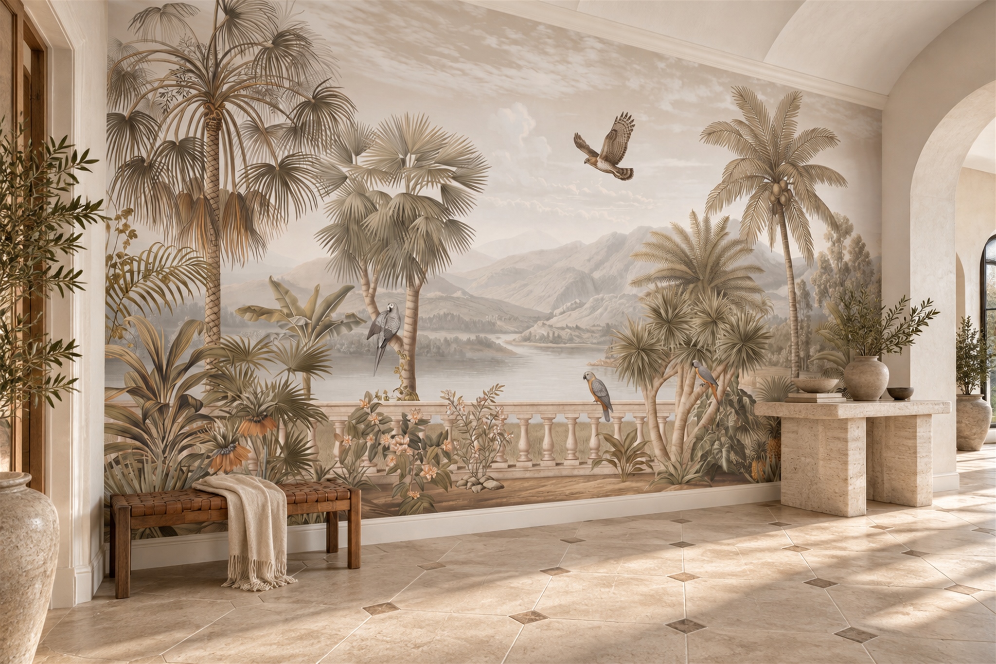 Beige Palm Artful Wallpaper Mural Entryway-wallpaper-murals, Peel-and-stick Finish