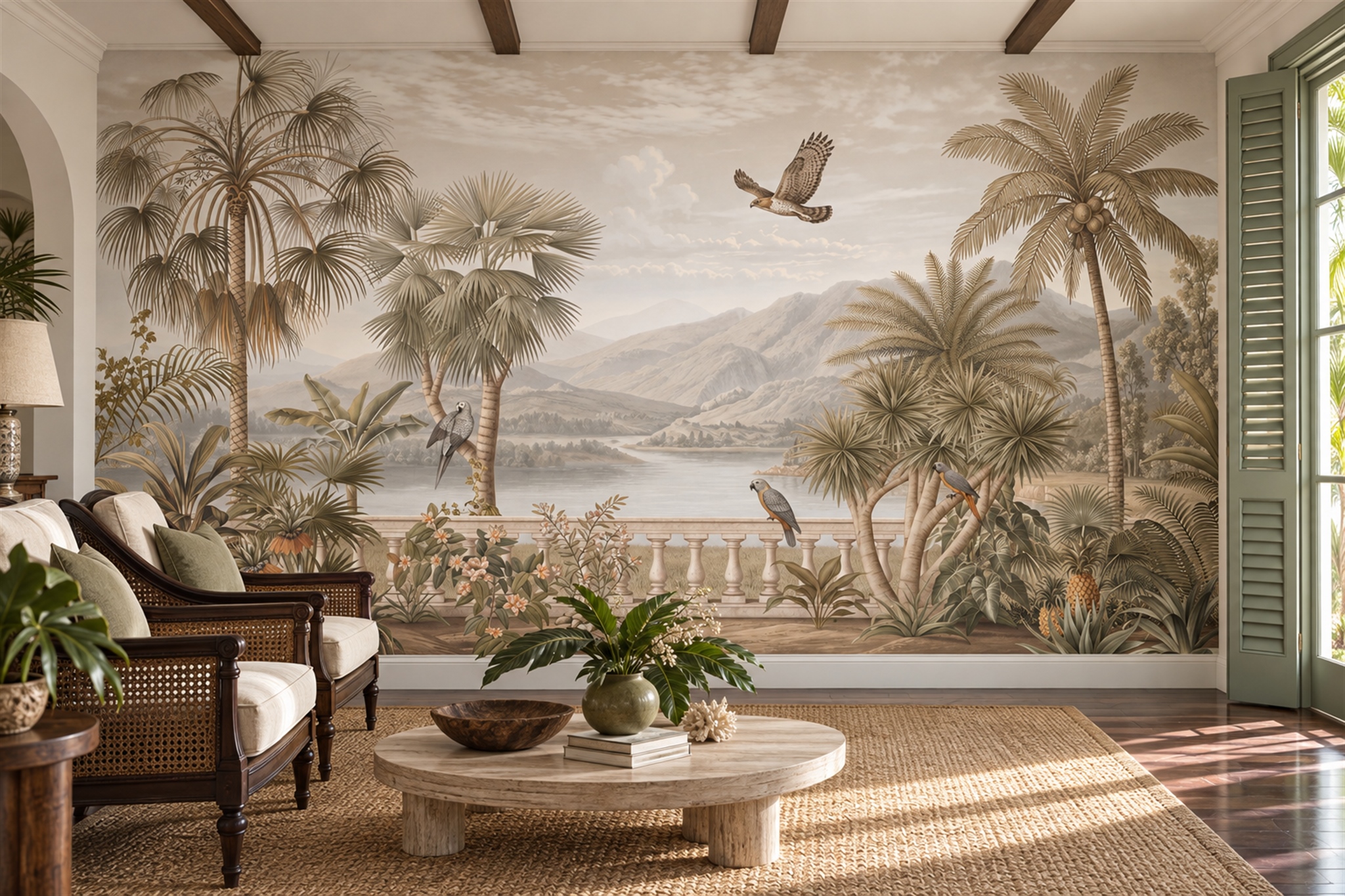 Sepia Palm Grove And Mountain Lake With Birds Wallpaper Mural — Wallpaper Mural Design, Peel-and-stick Finish