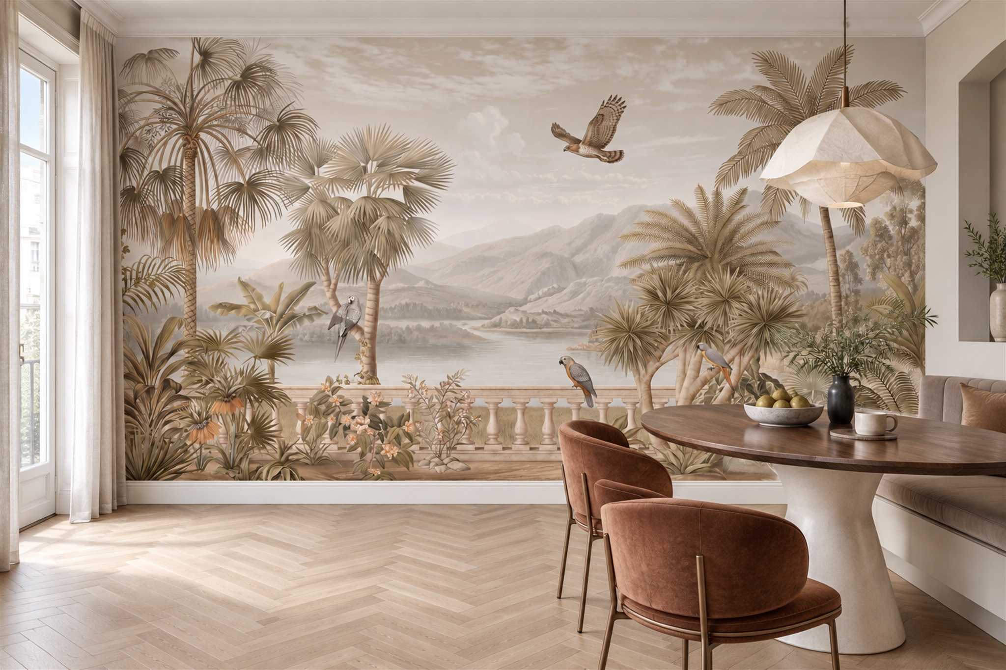 Beige Palm Artful Wallpaper Mural Accent-wall-wallpaper-murals, Peel-and-stick Finish