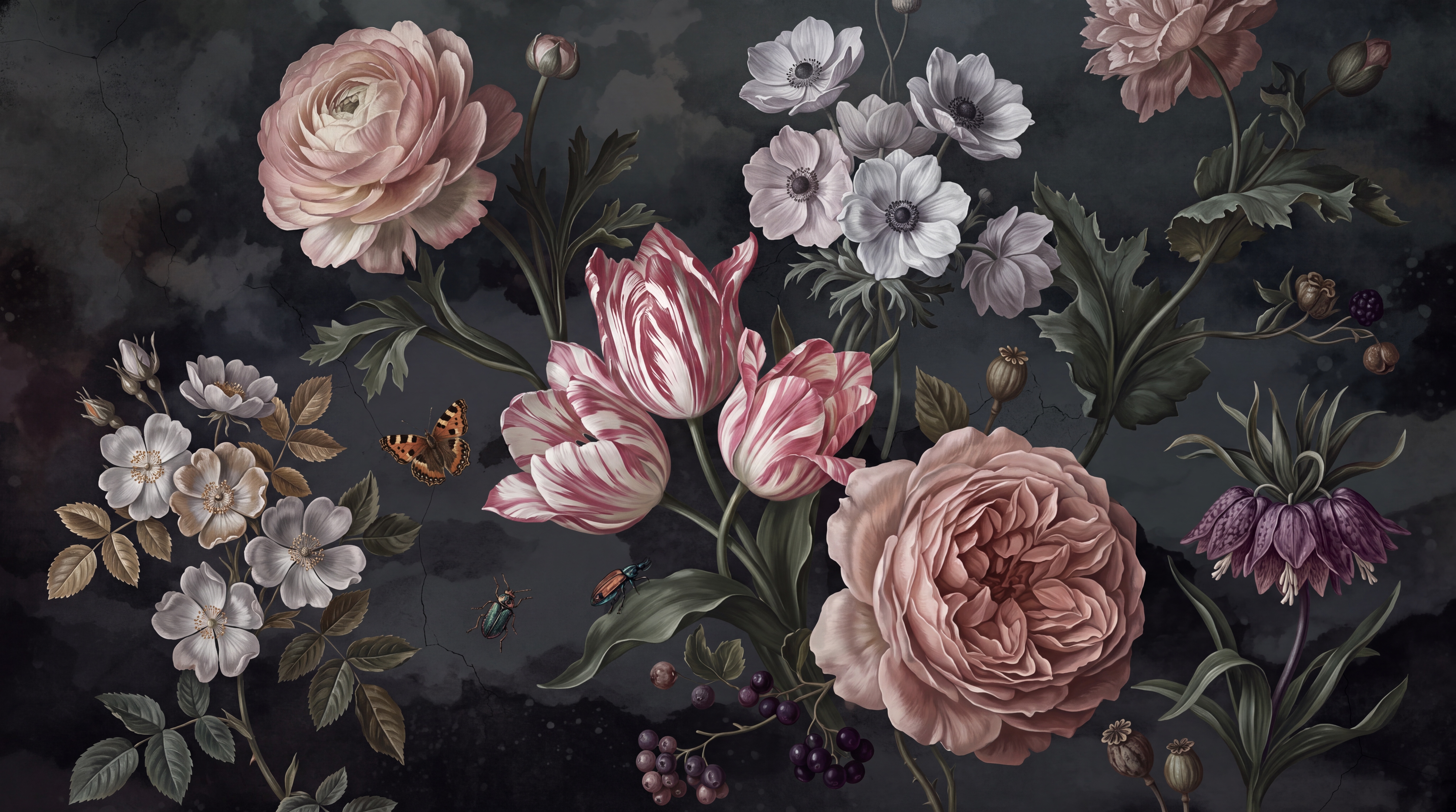 Pink Vintage Artful Floral Wallpaper Mural, Peel-and-stick Finish