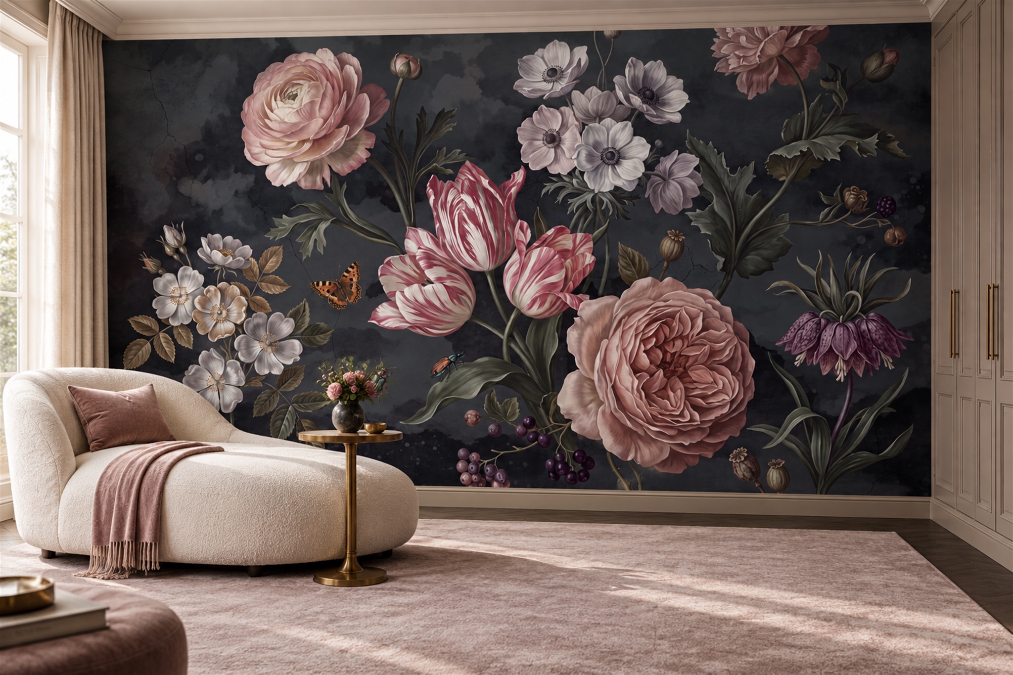 Dark Ground Pink Rose And Tulip Wallpaper Mural — Wallpaper Mural Design, Peel-and-stick Finish