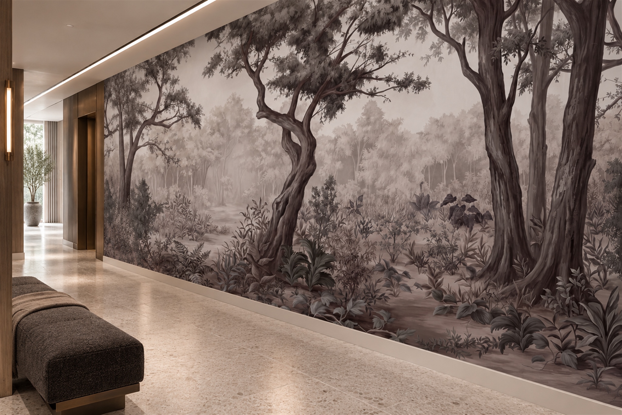 Taupe Forest Scenic Layered Wallpaper Mural Hallway-wallpaper-murals, Peel-and-stick Finish