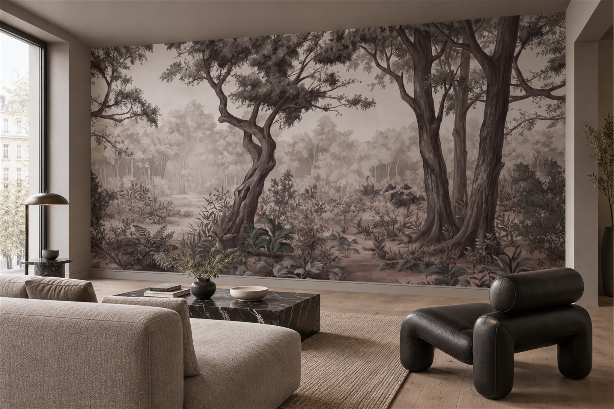 Taupe Forest Scenic Layered Wallpaper Mural Home-office-wallpaper-murals, Peel-and-stick Finish