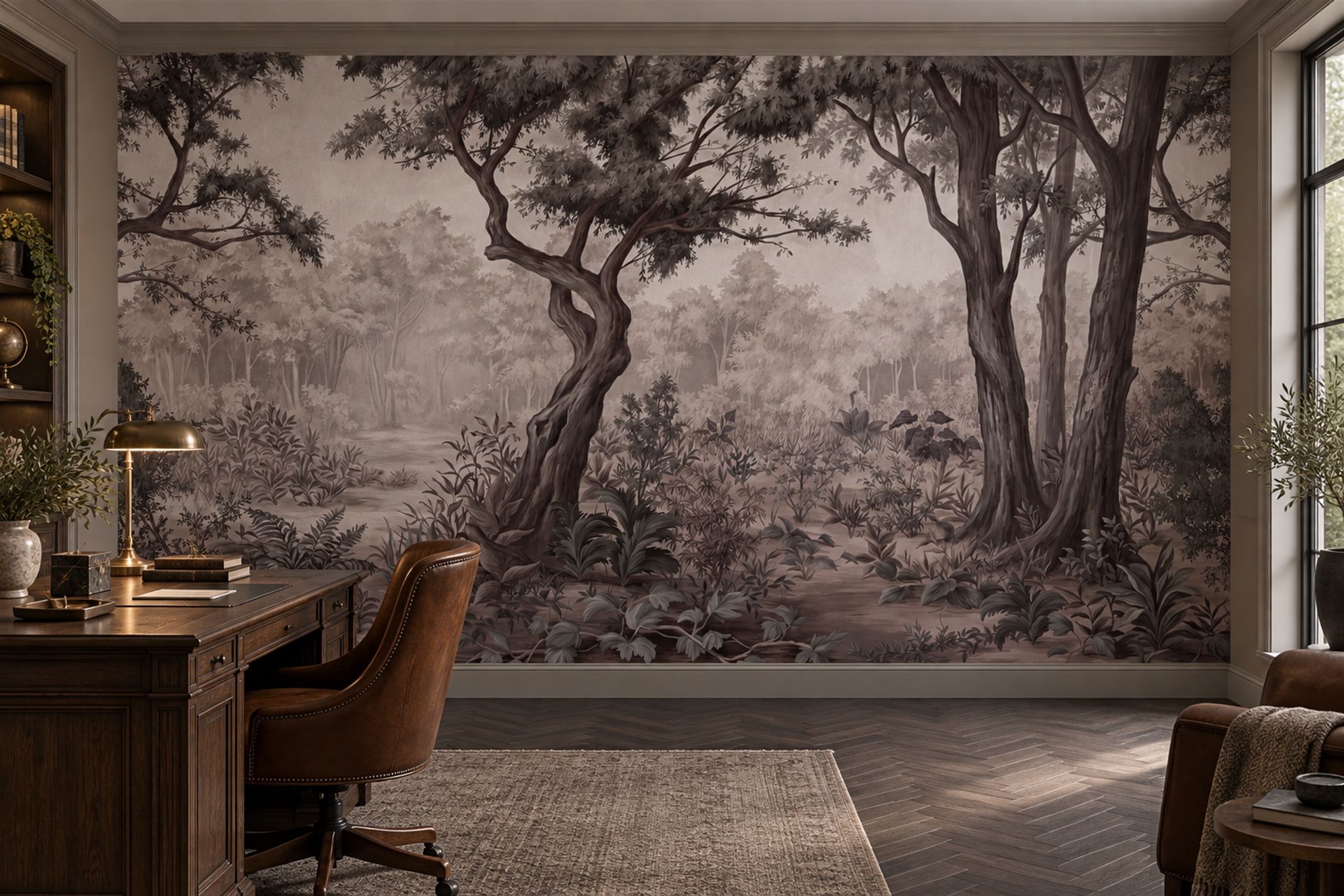 Taupe Woodland Ferns And Arching Trees Wallpaper Mural — Wallpaper Mural Design, Peel-and-stick Finish